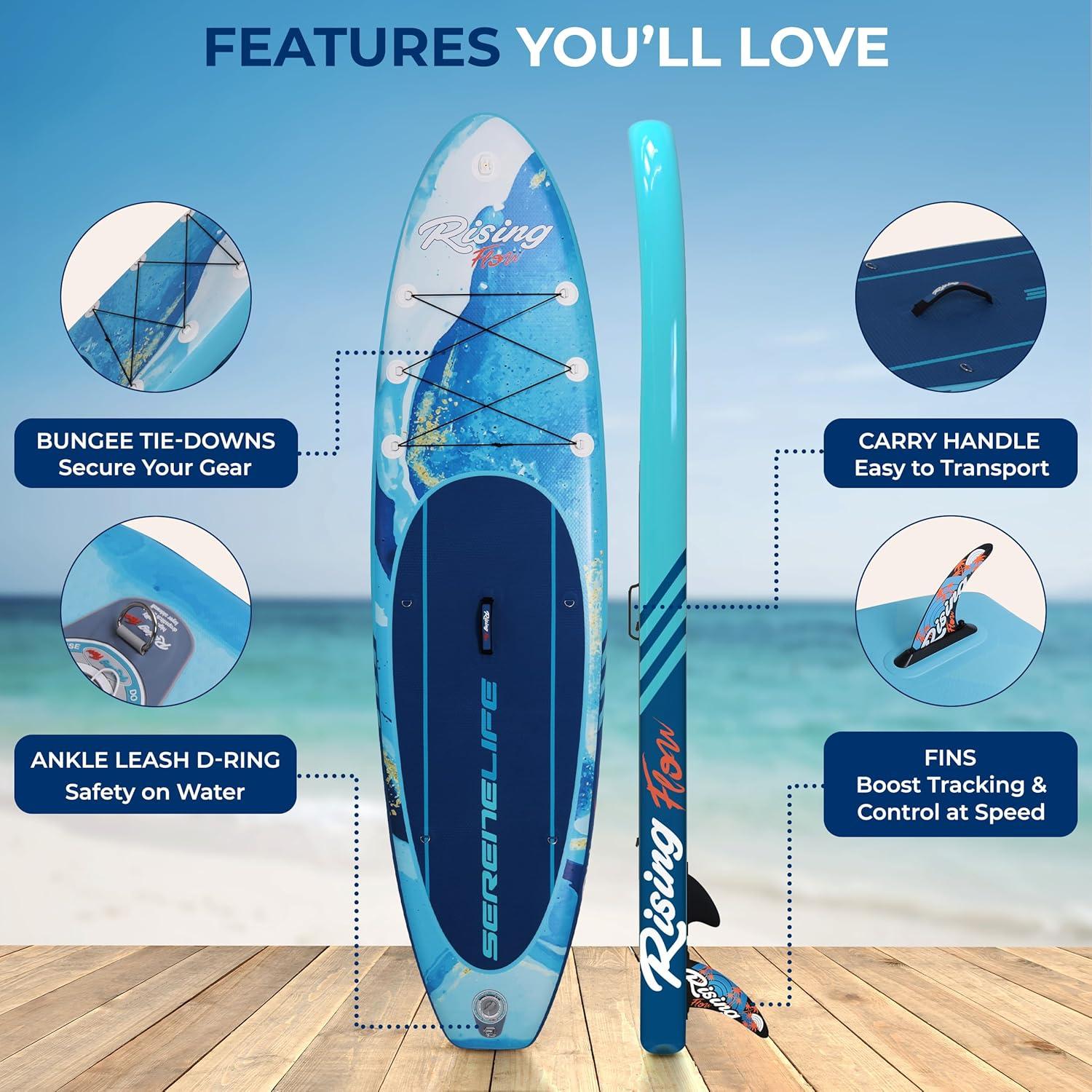 Serenelife Inflatable Stand Up Paddle Board (6 Inches Thick) With Premium SUP Accessories & Carry Bag | Wide Stance, Bottom Fin For Paddling, Surf Control, Non-Slip Deck | Youth & Adult Standing Boat