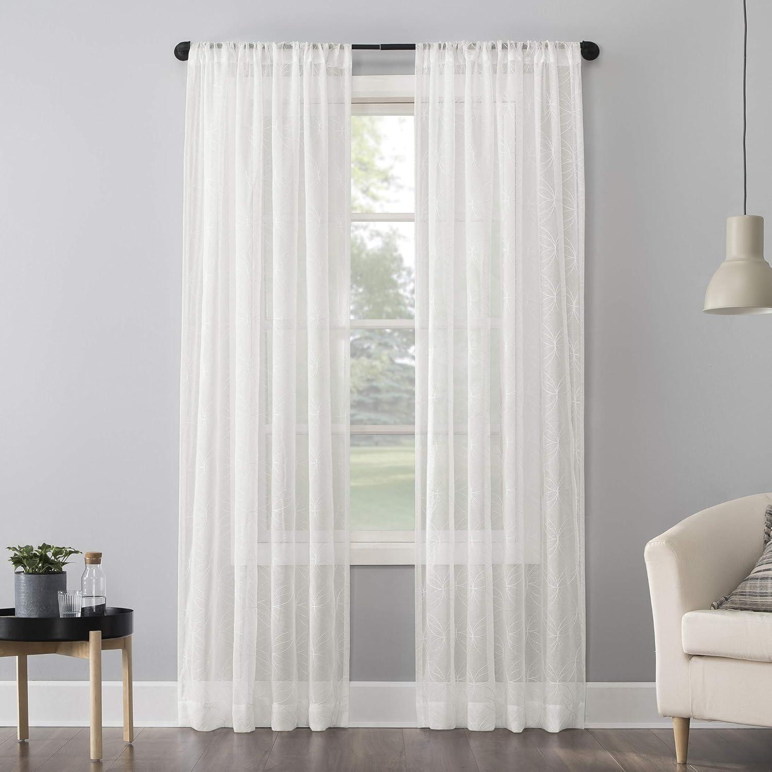 63"x50" Tamaryn Embroidered Trellis Sheer Rod Pocket Curtain Panel Ivory - No. 918: Modern Off-White Polyester Drapery