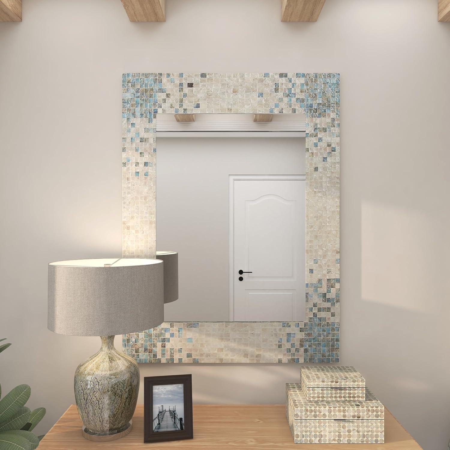 Mother of Pearl Handmade Mosaic Wall Mirror with Blue Corners Cream - Olivia & May