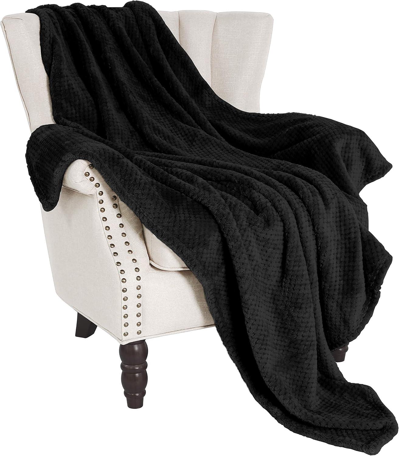 Exclusivo Mezcla Waffle Textured Extra Large Fleece Blanket, Super Soft and Warm Throw Blanket for Couch, Sofa and Bed (Black, 50"x70")-Cozy, Fuzzy and Lightweight