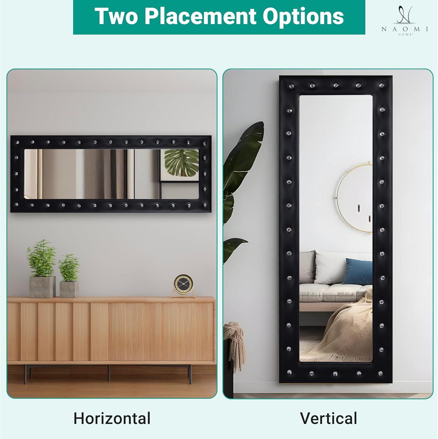 Crystal tufted Full length Mirror, Floor Mirror, Full Body Mirror for Home, Wall Mirror with Faux Wood Frame, 63"LX22"W Large Mirror for Bedroom, Leaner Mirror, Black Mirrors for Wall,