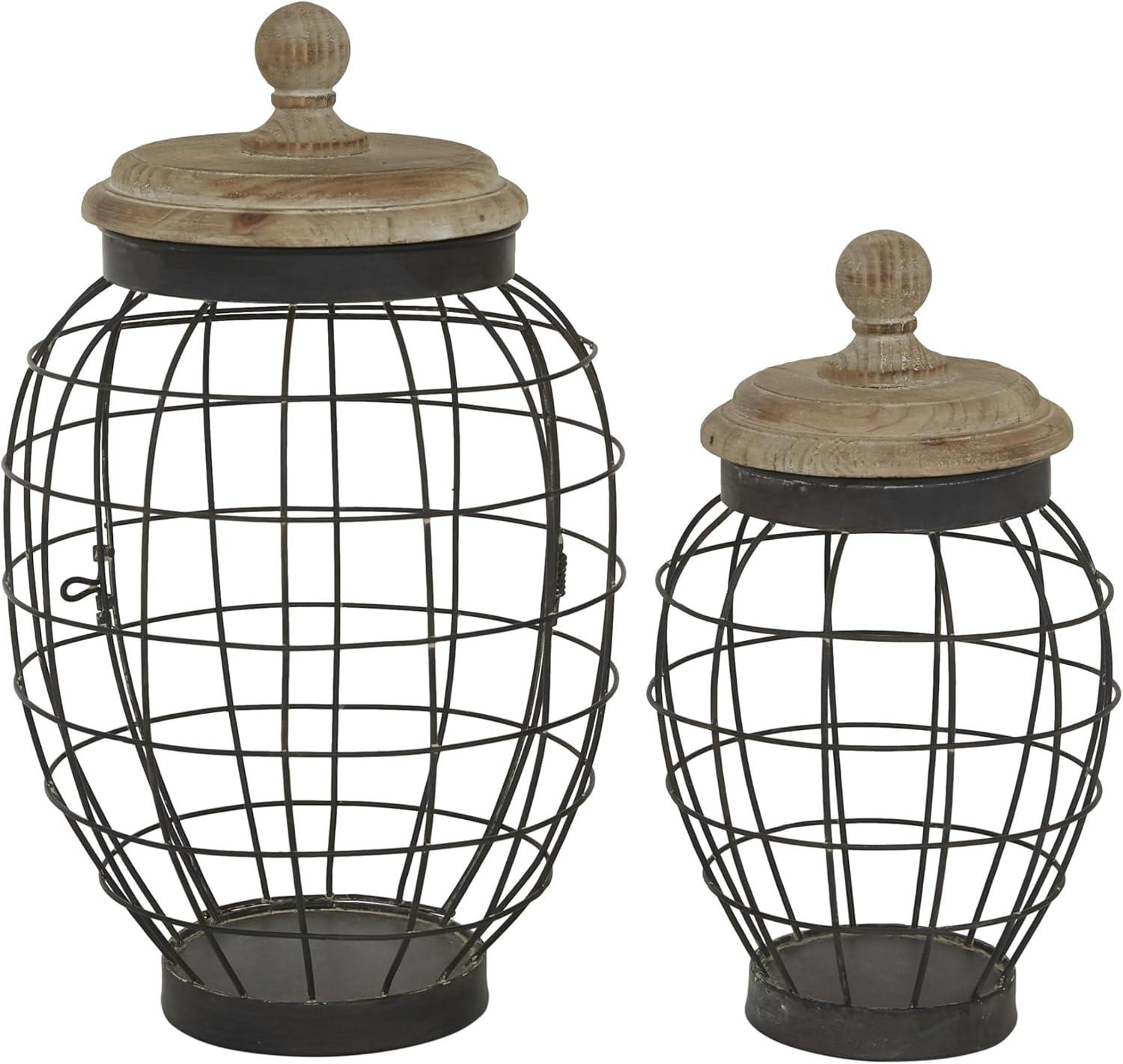 DecMode 12", 15"H Black Metal Caged Style Decorative Jars with Wood Lids, 2-Pieces