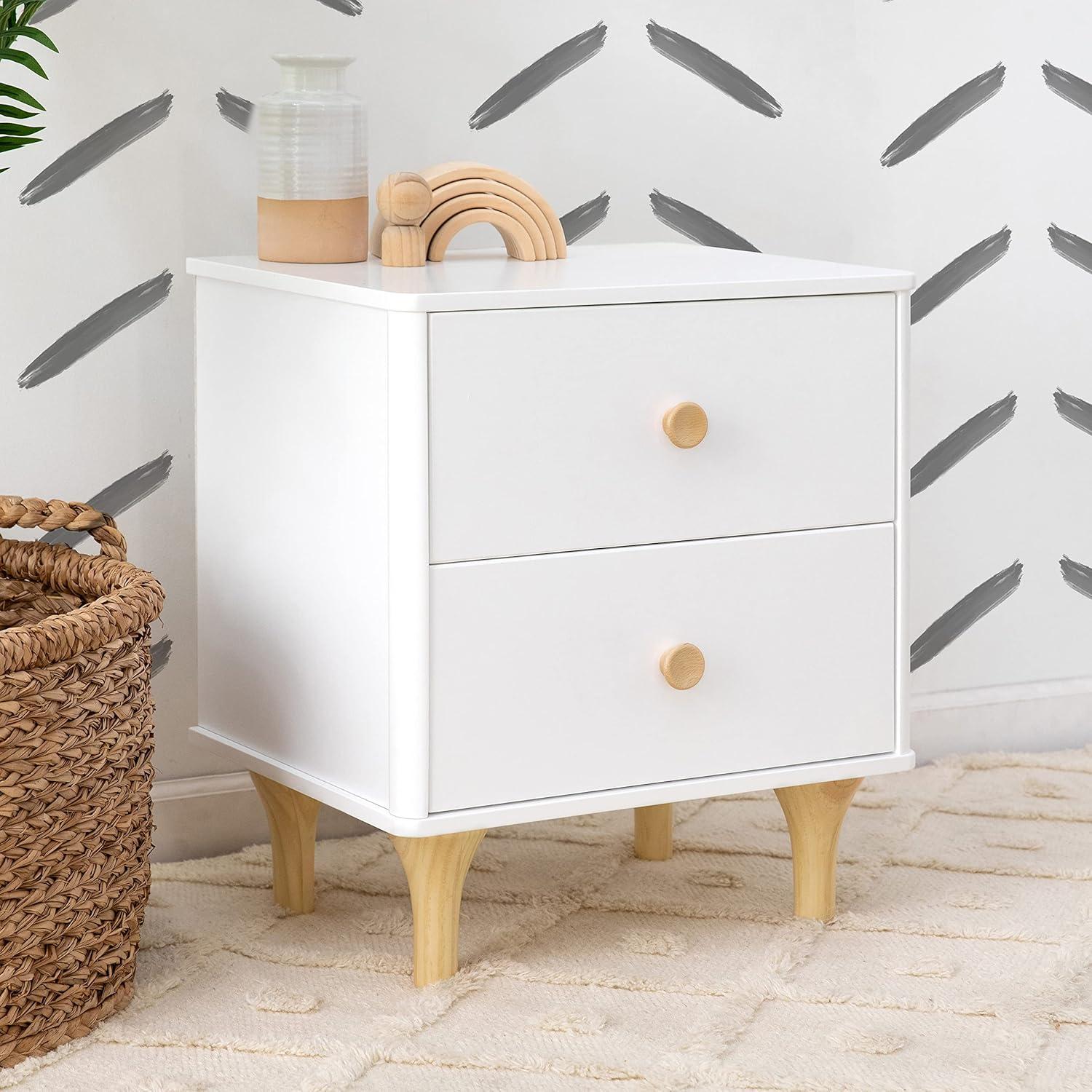 White and Natural 2-Drawer Nightstand with USB Port