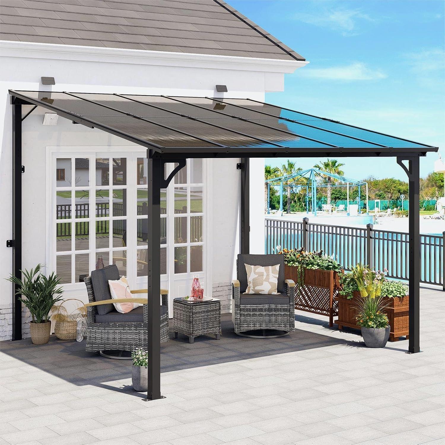 MEISSALIVVE 10' X 12' Gazebo, Wall Mounted Gazebo, Lean To Metal Awnings Gazebos, Gazebo Pergola With Sloped Roof, Outdoor Patio Gazebo Awning For Backyard, Deck