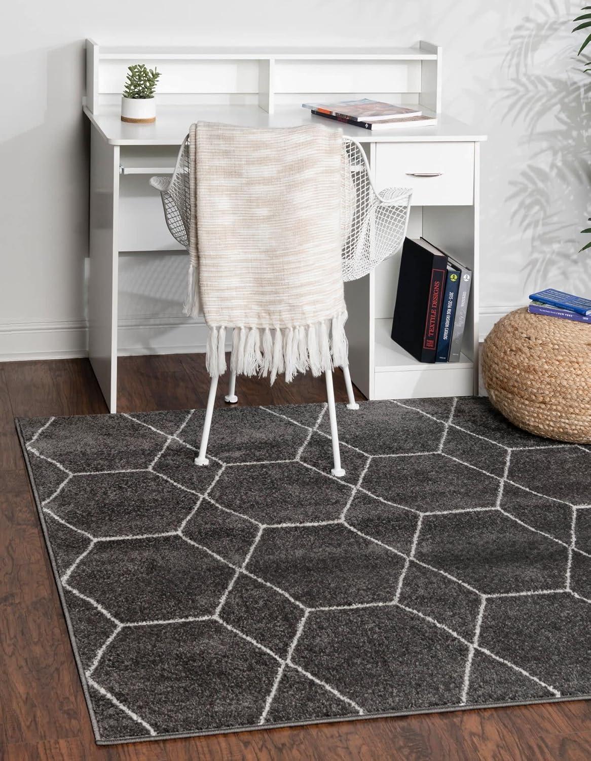 Dark Gray & Ivory Trellis 4' Square Synthetic Area Rug