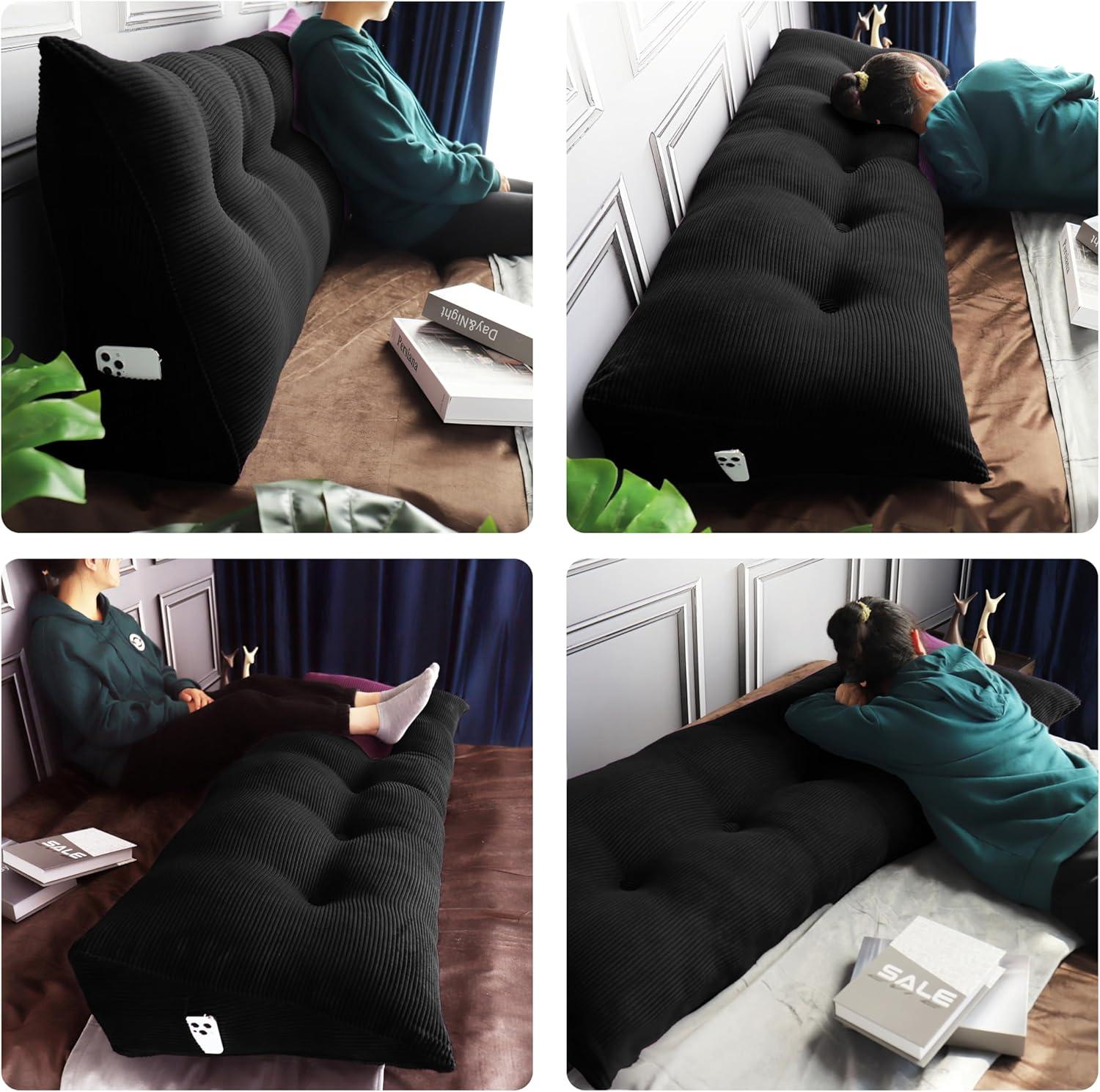 WOWMAX Triangular Reading Pillow Large Bolster Headboard Backrest Positioning Support Wedge Pillow for Day Bed Bunk Bed with Removable Cover, Corduroy Jean Blue California King