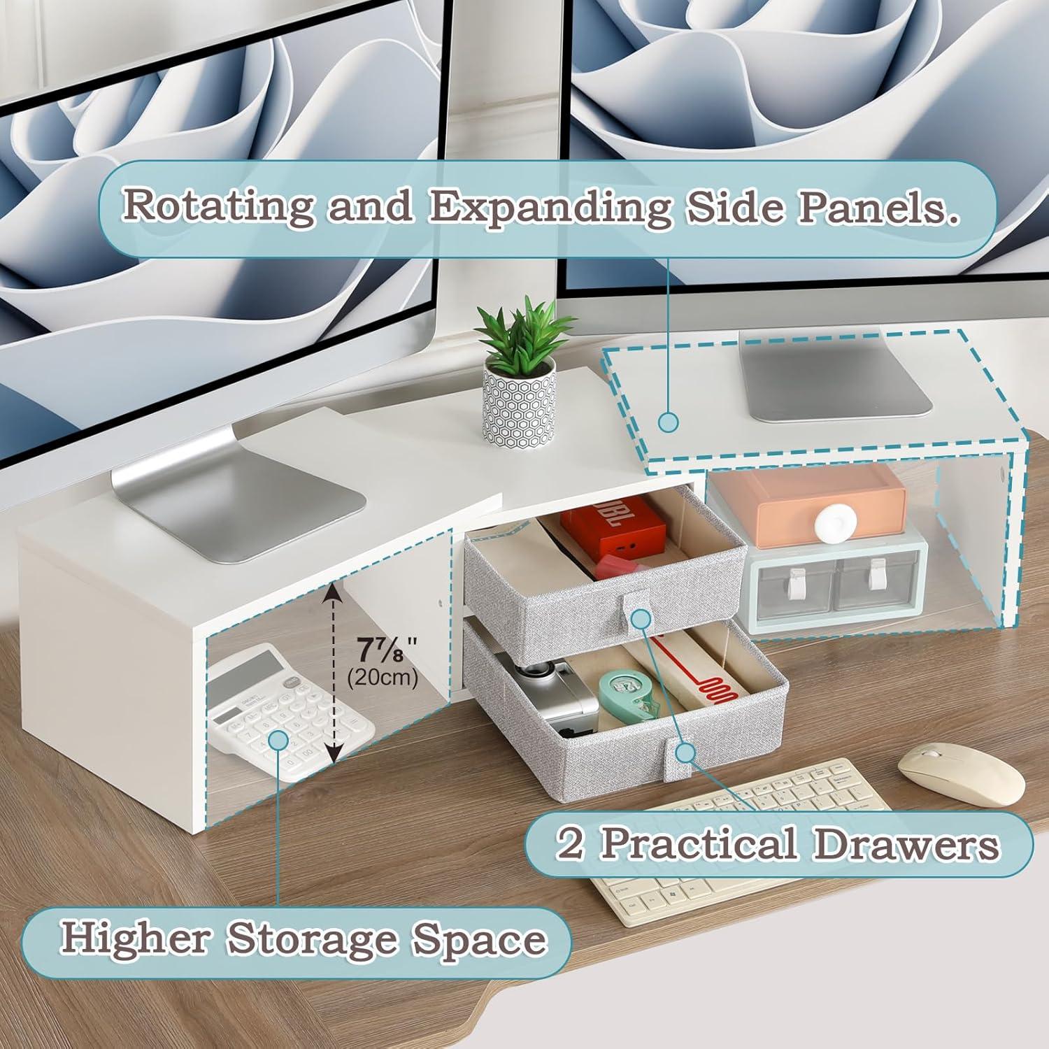 White Adjustable Dual Monitor Stand with Storage Drawers