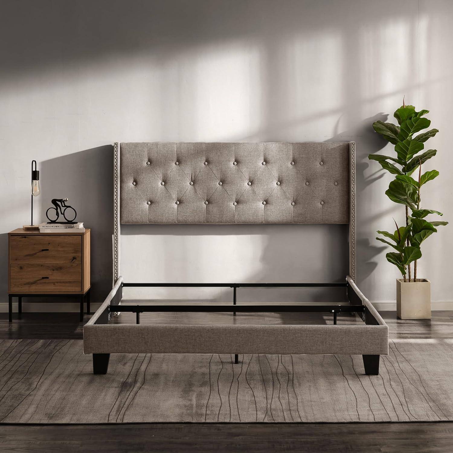 Hearth & Harbor Full Size Bed Frame with Wingback Headboard - Linen Platform, Button-Tufted Upholstered, Modern Double Bedframe, Box Spring Required, Beige