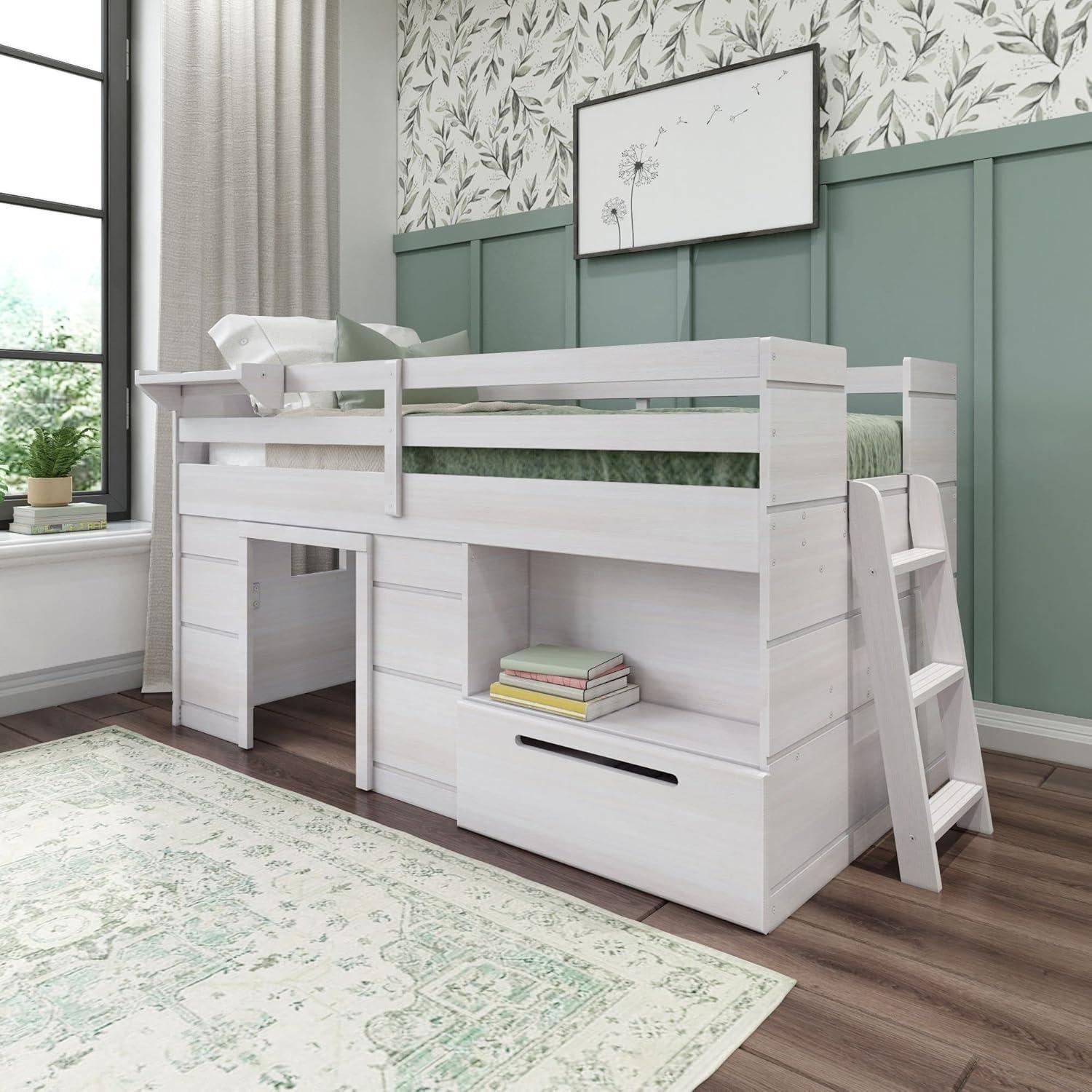 Max & Lily  Modern Farmhouse Low Loft Bed with Storage Drawer, Solid Wood Bed for Kids