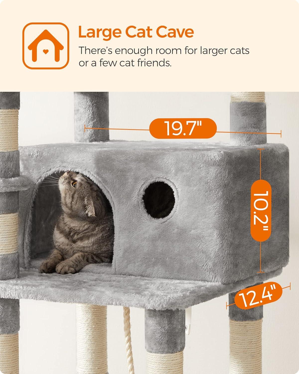 FEANDREA 64.6" Cat Tree Large Cat Tower Cat Activity Center with Hammock Cat Condo Light Gray