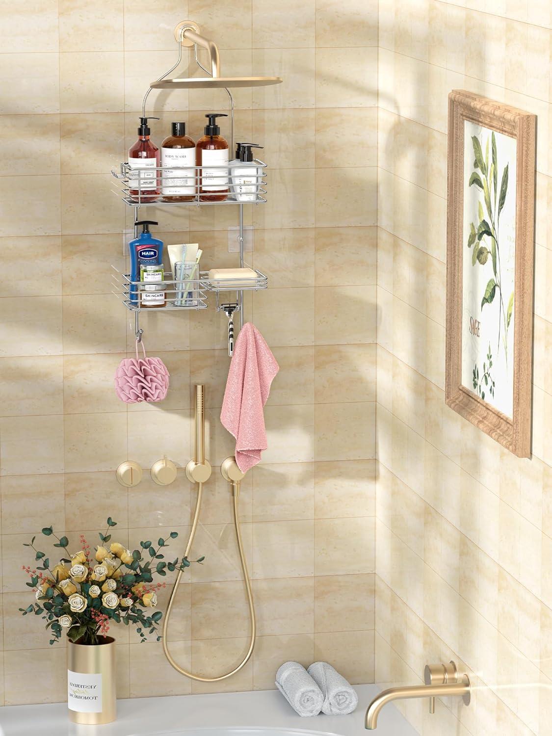 SMARTAKE Hanging Shower Head Caddy, Rustproof Bathroom Shower Room Shelf Organizer, SUS201 Stainless Steel Over The Shower Storage Rack, for Toilet, Silver