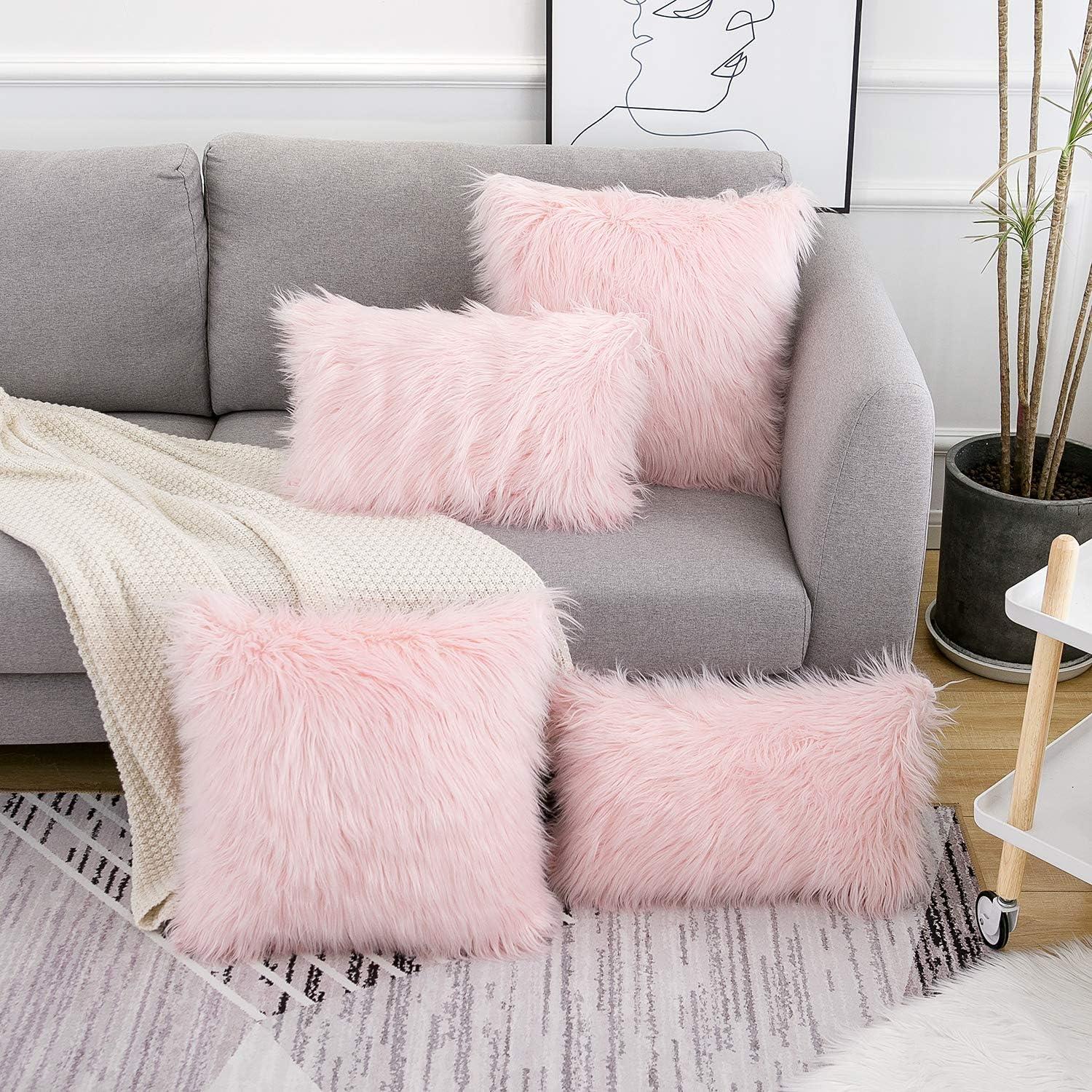 Set of 2 Fluffy Pillow Covers New Luxury Series Merino Style Blush Faux Fur Decorative Throw Pillow Covers Square Fuzzy Cushion Case 18x18 Inch