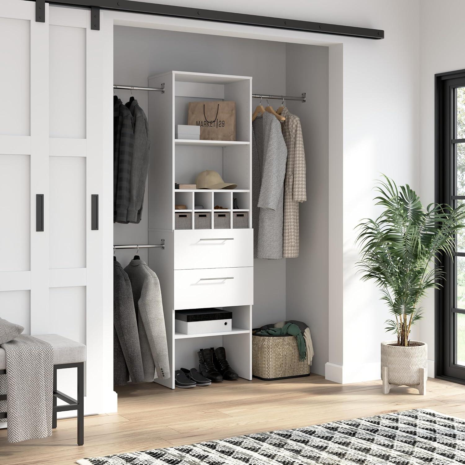 Bestar Carina 24W Closet Organizer With Clothing Rods, Drawers, And Cubbies