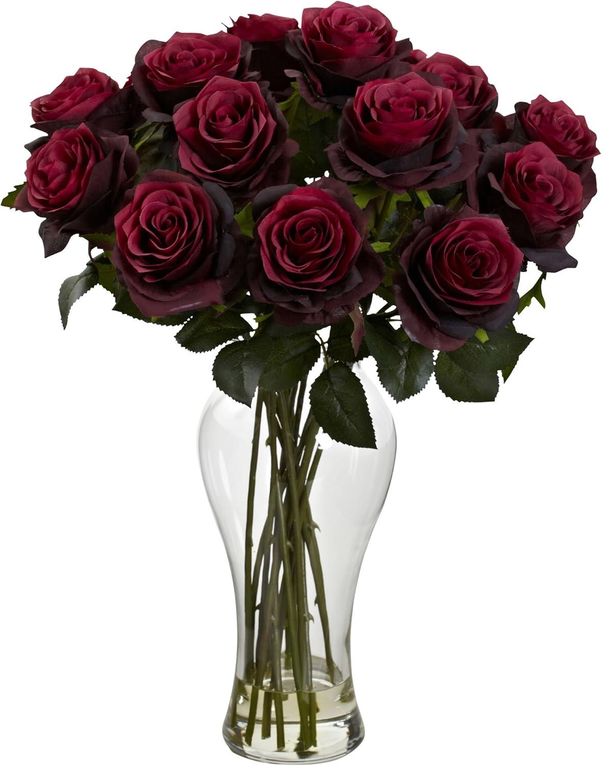 Nearly Natural Blooming Roses with Vase, Burgundy