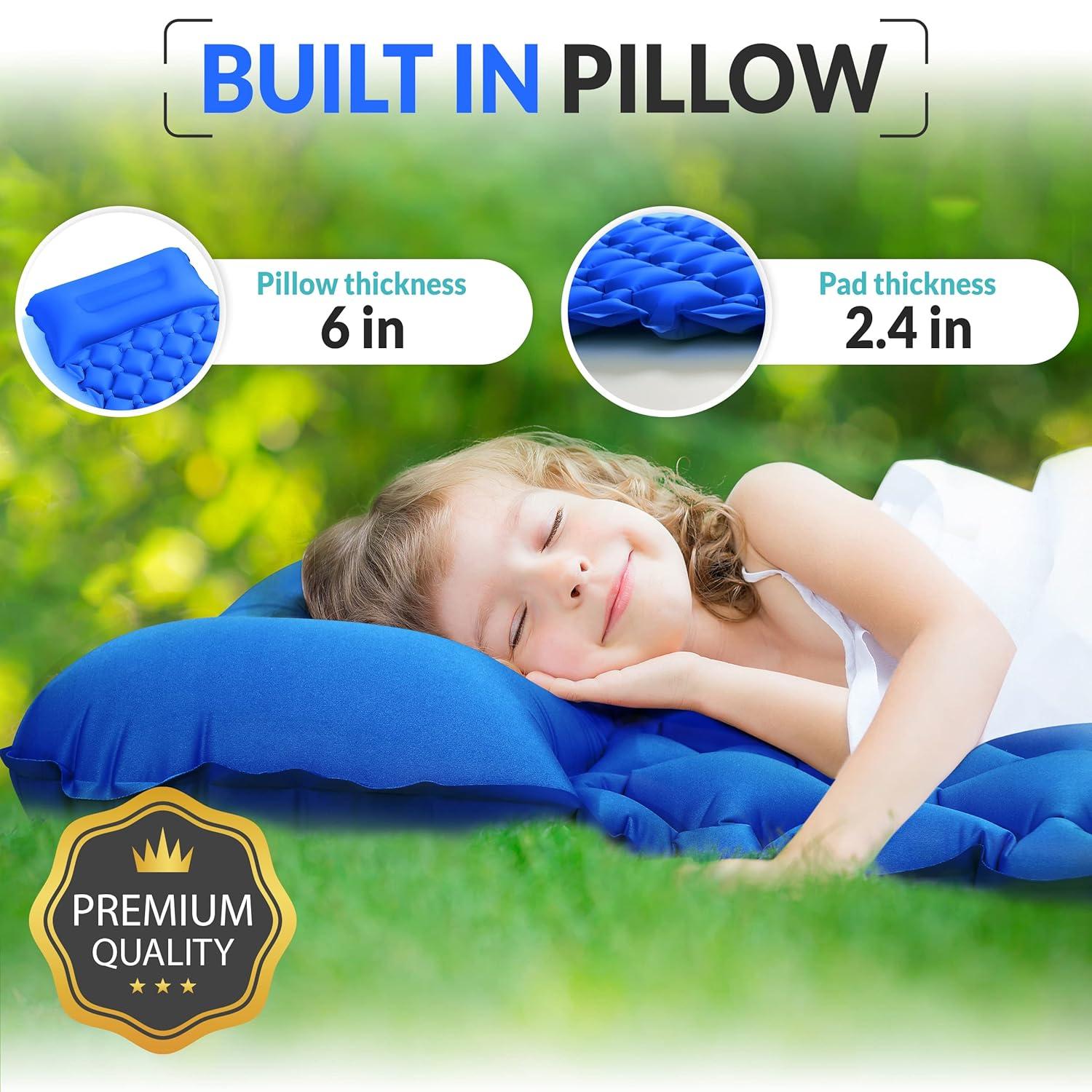 Kids Sleeping Pad for Camping and Sleepovers with Pillow, Inflatable Camping Mattress for Backpacking & Travel, Thick Toddler Cot Mat, Fast Inflating Camping Sleeping Pads for Kids