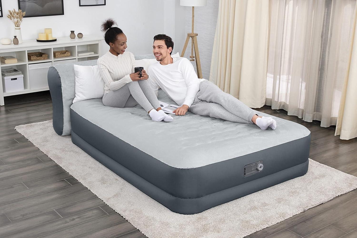 Queen Gray Raised Air Mattress with Built-in Pump and Headboard