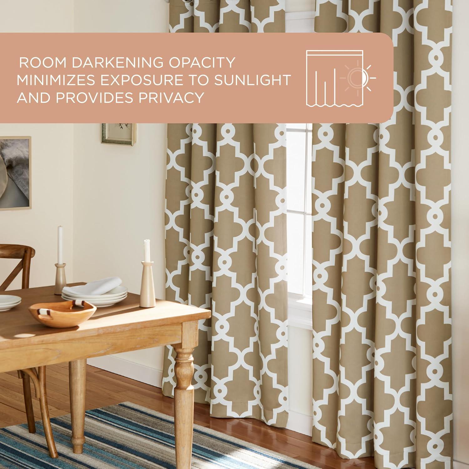 TOWN & COUNTRY EVERYDAY Ironwork Geo Trellis Sateen Indoor Curtains, Room Darkening Blackout, Grommet Top, Energy Efficient, 2-Pack Set, 52"x108", Taupe