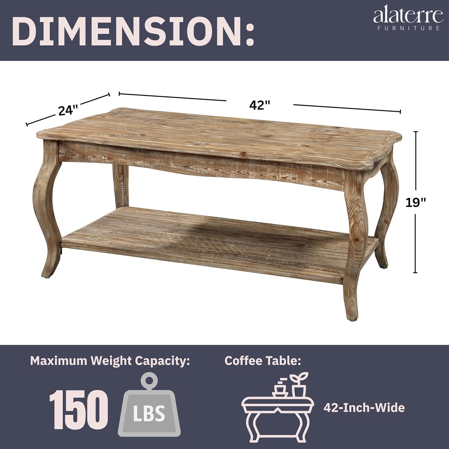 Alaterre Austerity Wood Coffee Table with Open Shelf, Driftwood Natural Finish, Accent & Occasional Furniture, Assemble Required