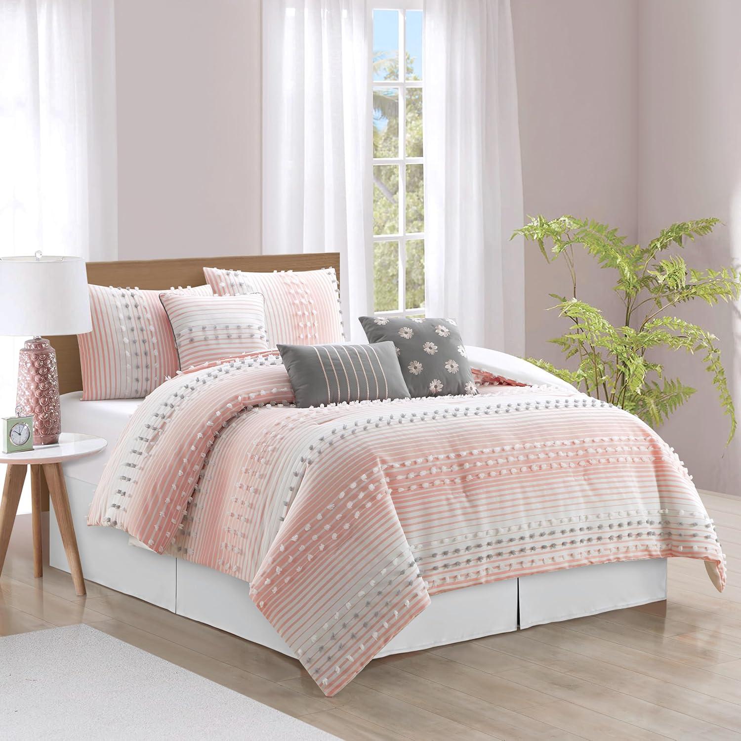 Clarion Pink 7 Piece Chic Striped Comforter Set