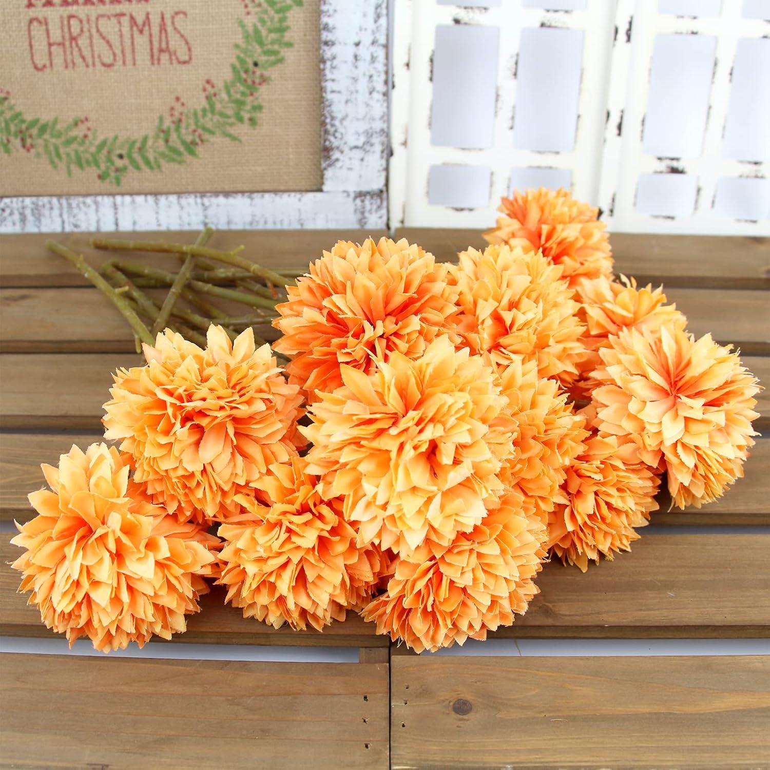 12pcs Orange Fake Flowers 12" Artificial Chrysanthemum Ball Silk Flowers Bouquet for Home Kitchen Wedding Table Arrangement Decorations