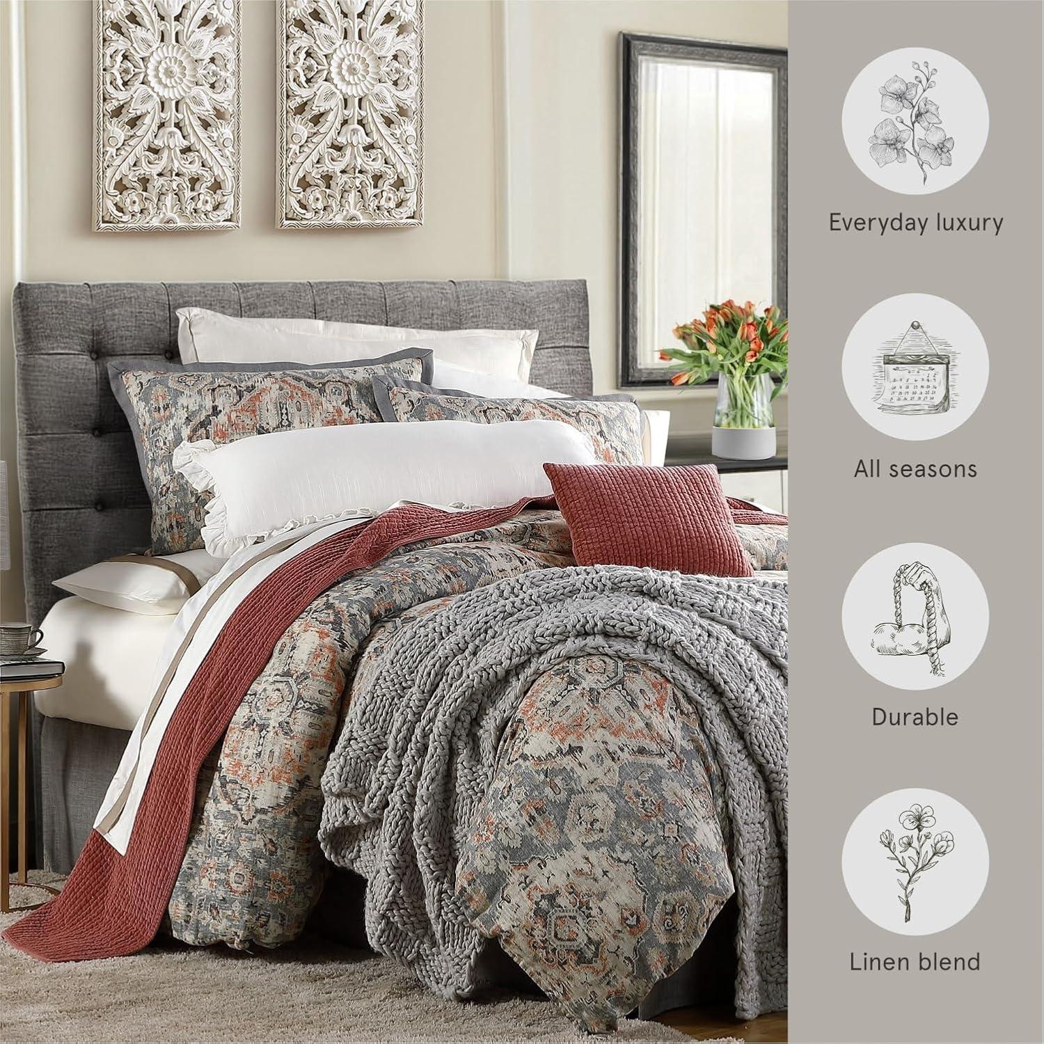 HiEnd Accents Carmen Taupe Linen Medallion Pattern Classic Modern Rustic Comforter Set