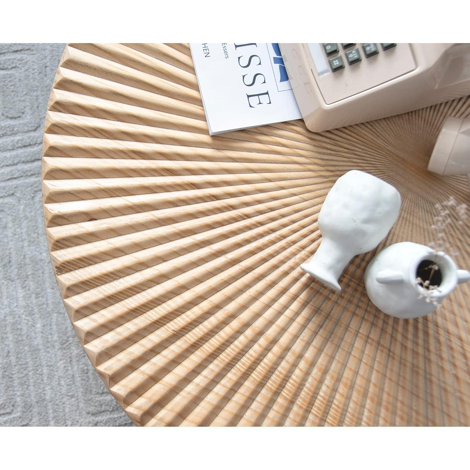 COZAYH 2-Piece Modern Farmhouse Living Room Coffee Table Set, Nesting Table Round Natural Finish with Handcrafted Wood, Radial Pattern