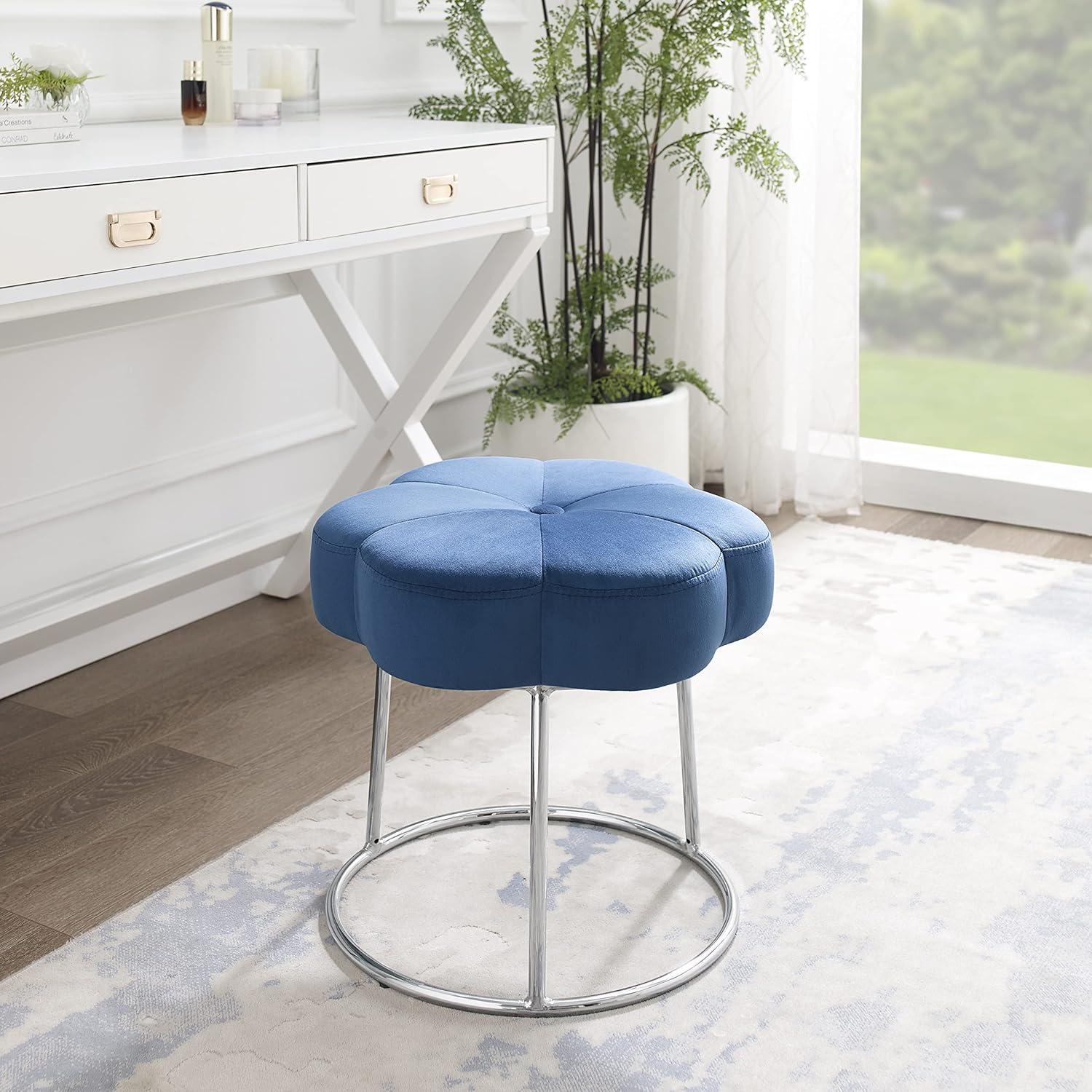 Navy Blue Velvet and Chrome Round Vanity Stool