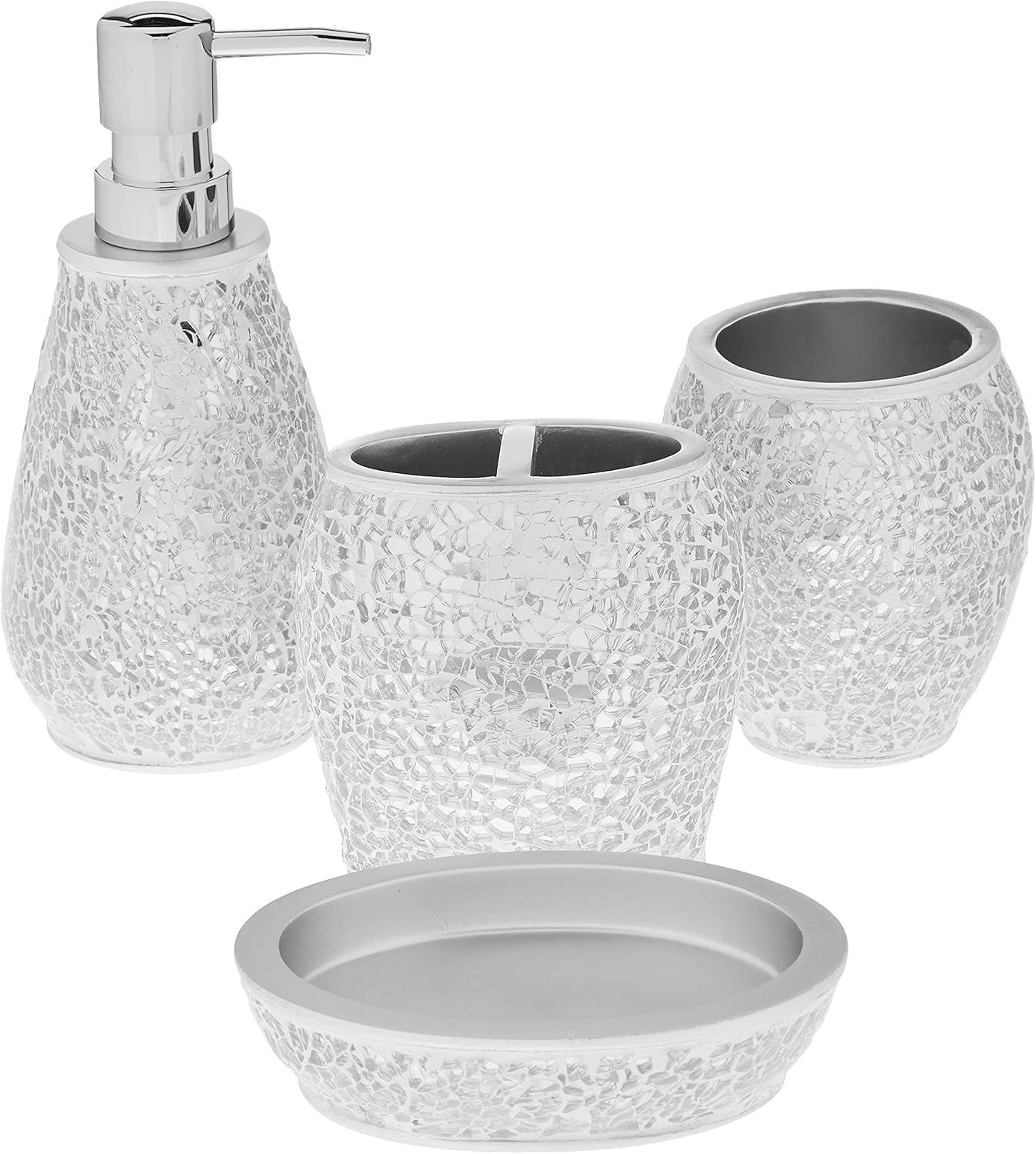 Glamour Silver Cracked Glass Resin 4-Piece Bathroom Set