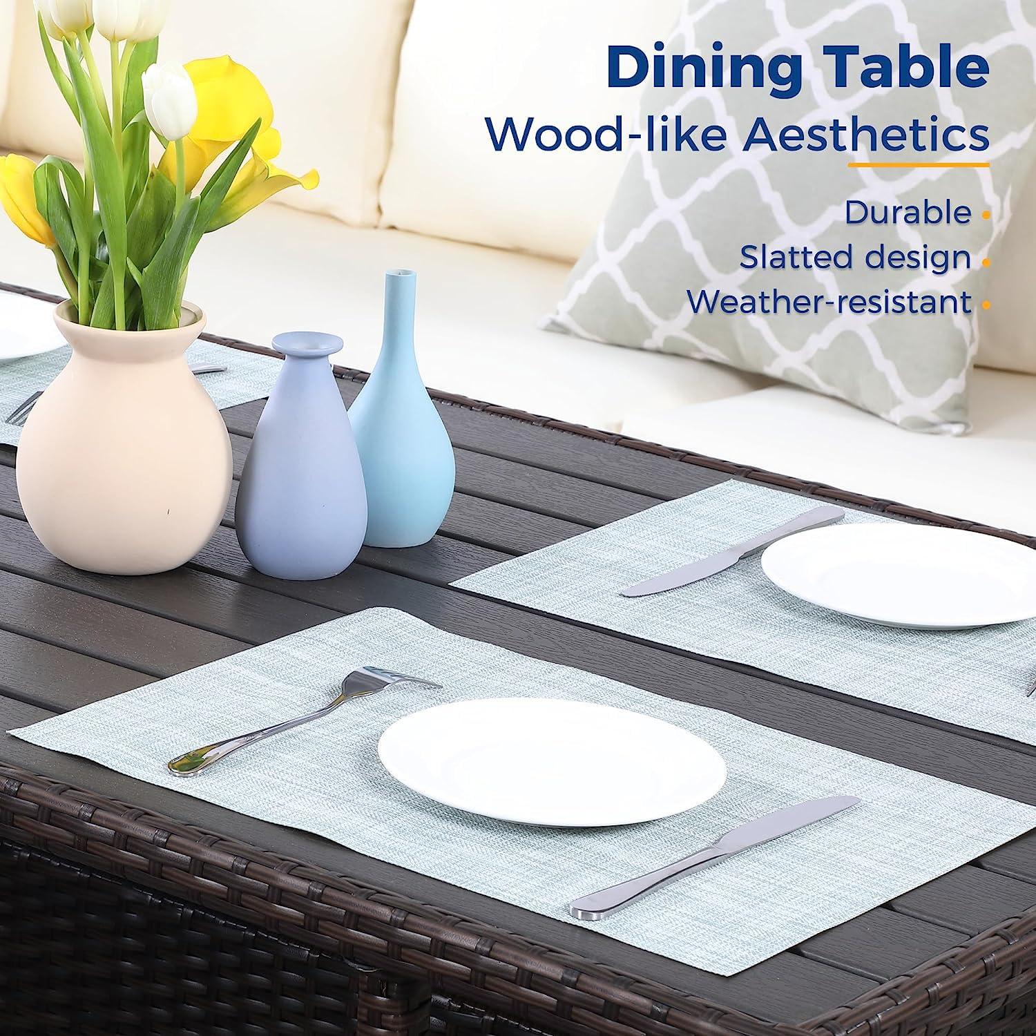 Wisteria Lane Patio Furniture Set, 7 Piece Outdoor Dining Sectional Sofa with Dining Table and Chair, All Weather Wicker Conversation Set with Ottoman, Brown