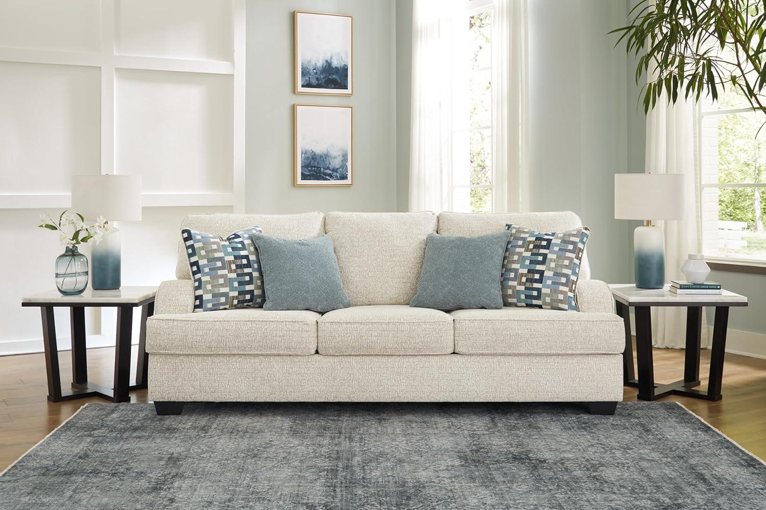 Beige Chenille Upholstered Stationary Sofa with Track Arms