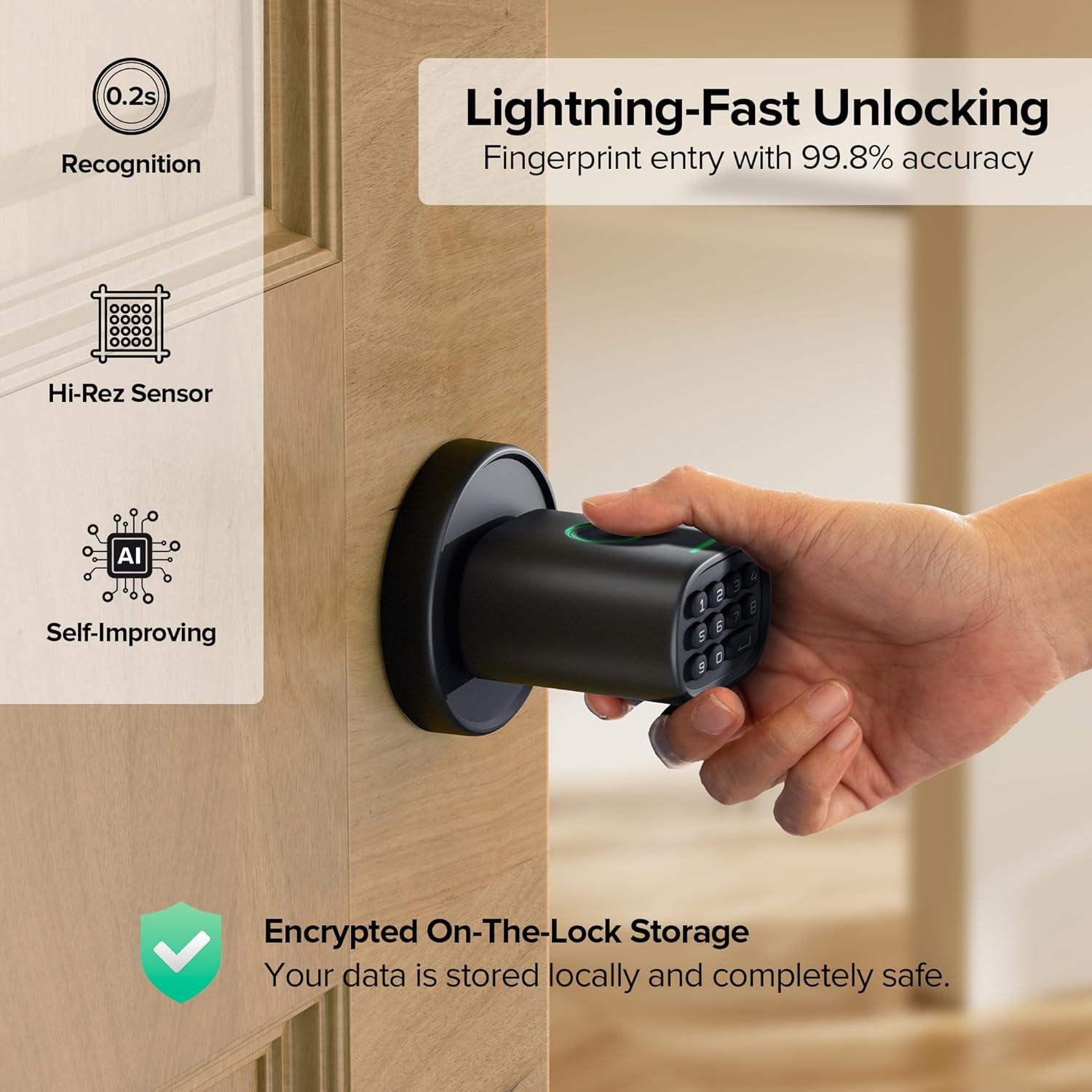 Keyless Entry Door Lock, Fingerprint Door Lock With Keypad Biometric Door Handle, Automatic Locking, For Interior Doors Up To 2-1/4" Thick, Bedroom, Home Office, Garage, 4 AA Alkaline Batteries, MD1 Black