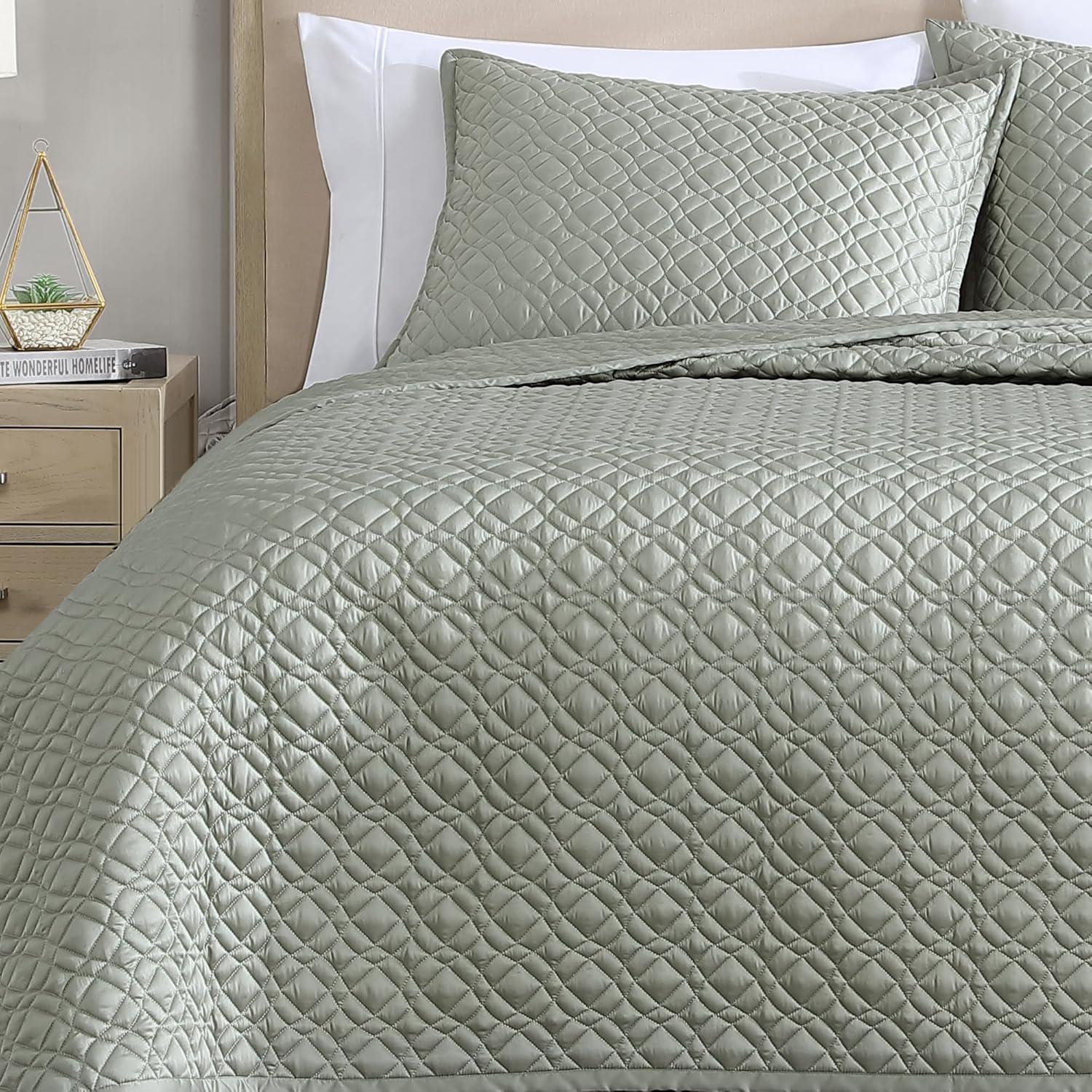 Noble Tencel 3 PC Queen Coverlet Set Silver Rivebrook Home Noble Tencel Collection Sage - King - 3 Piece