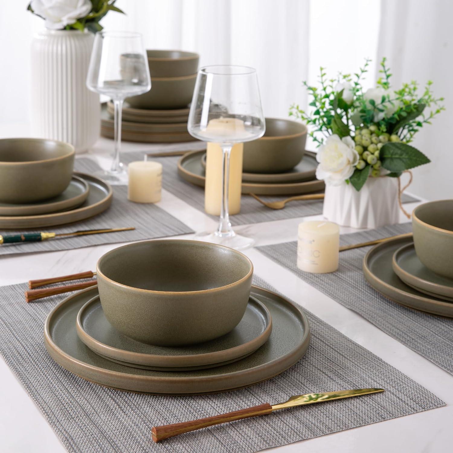 Matte Army Green Ceramic Dinner Plates Set of 4