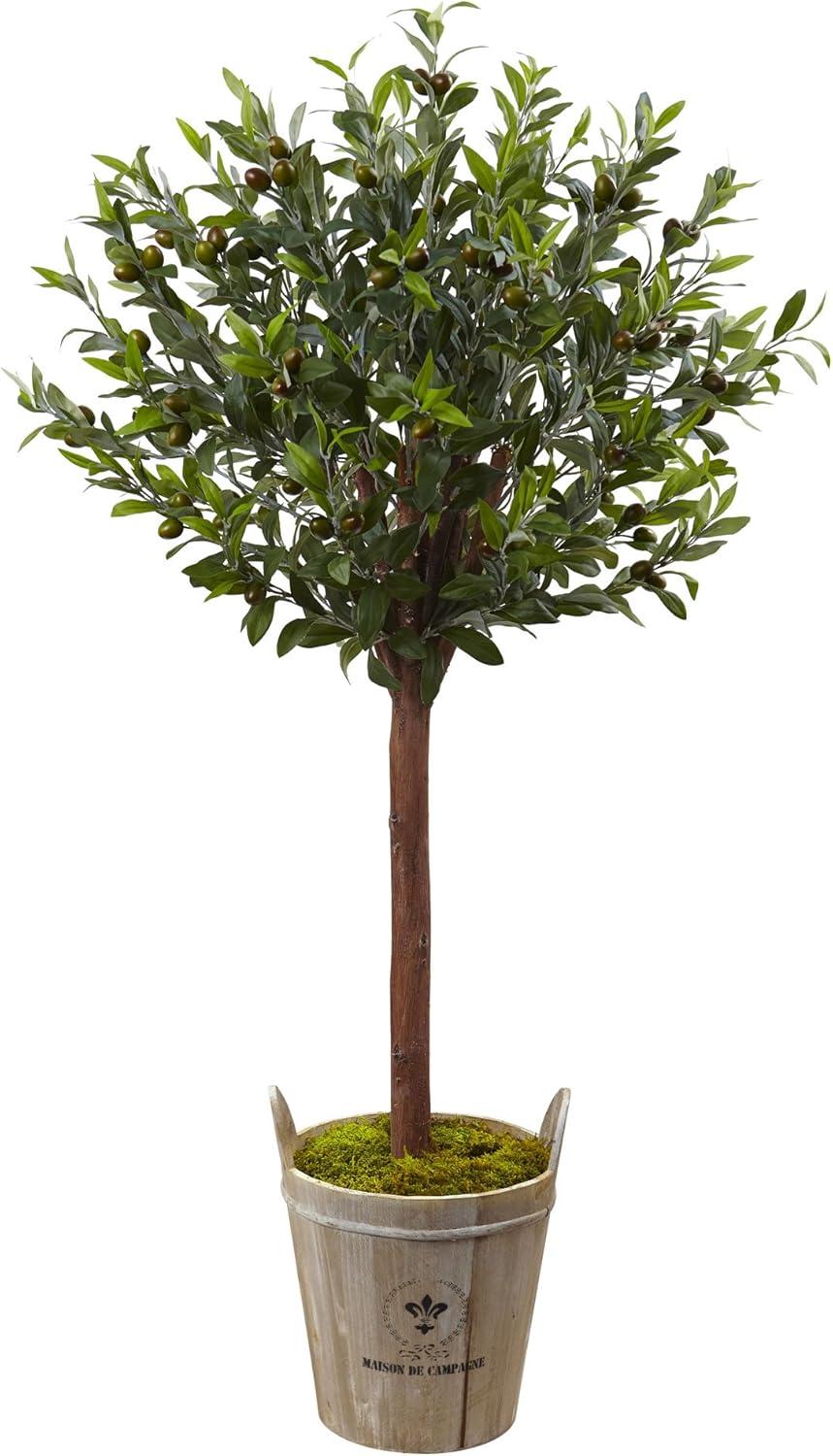 4.5' Olive Topiary Tree with European Barrel Planter - Nearly Natural