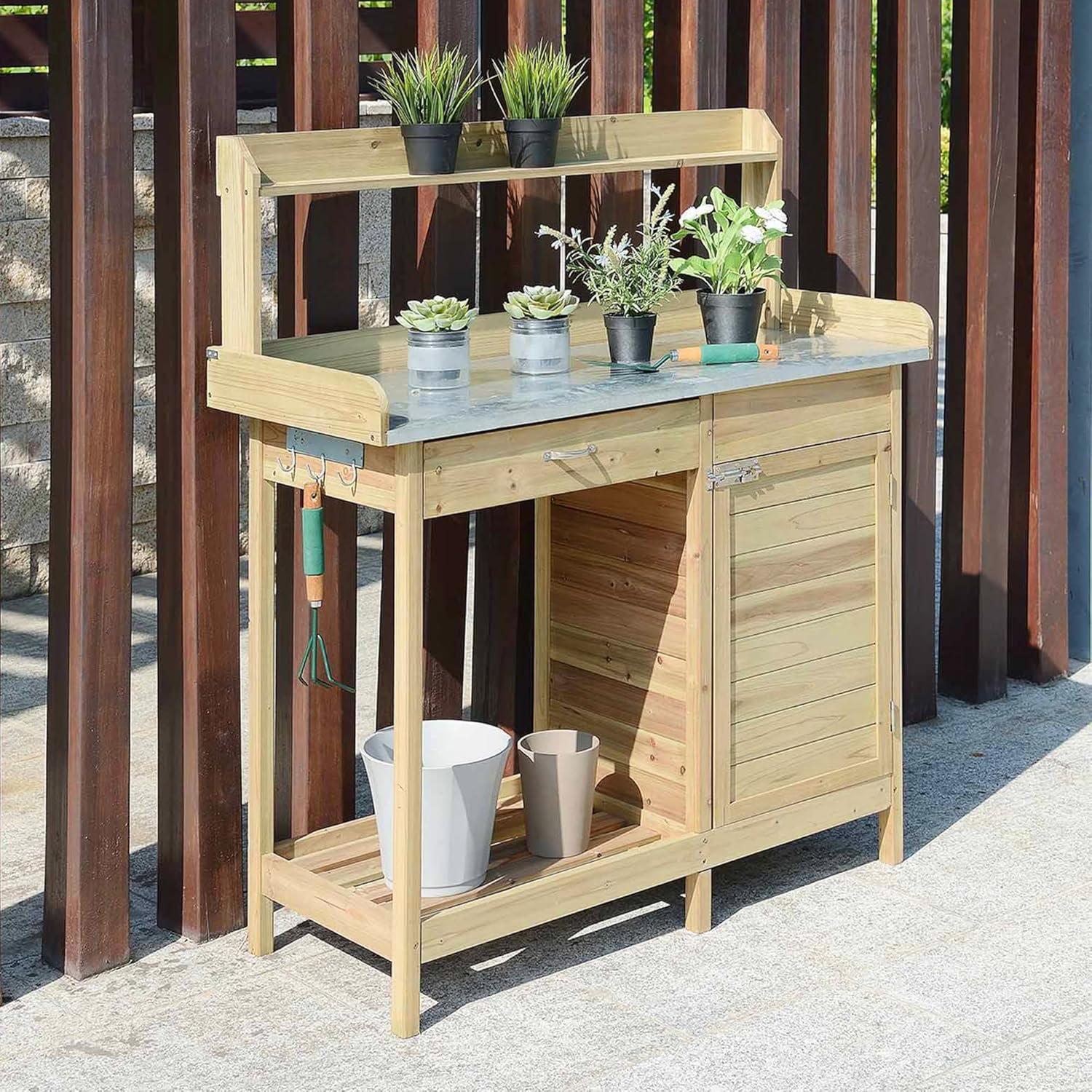 Convenience Concepts Deluxe Potting Bench with Cabinet- Natural Fir Wood Finish