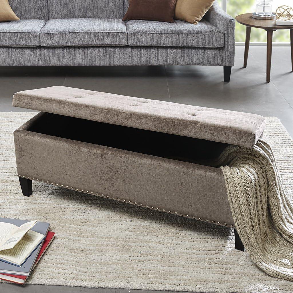 Taupe Tufted Storage Bench with Nailhead Trim and Black Wood Legs