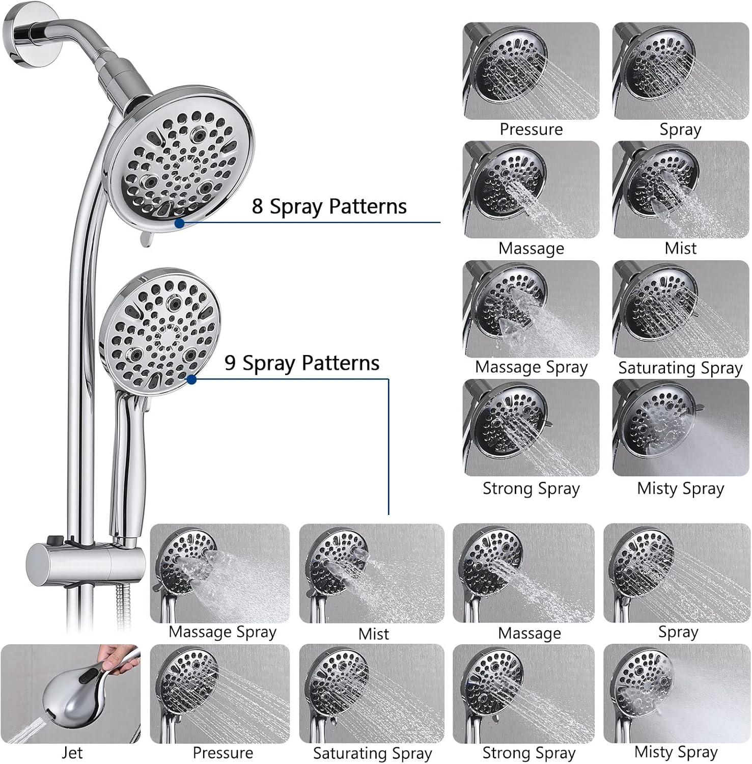 Rainfall Shower Head with Handheld Shower Spray, with 26" Drill Free Adjustable Height Slider Bar, High Pressure Dual Shower Head Combo, 3-Way Diverter for Easy Reach, 5Ft Hose - Chrome Finish