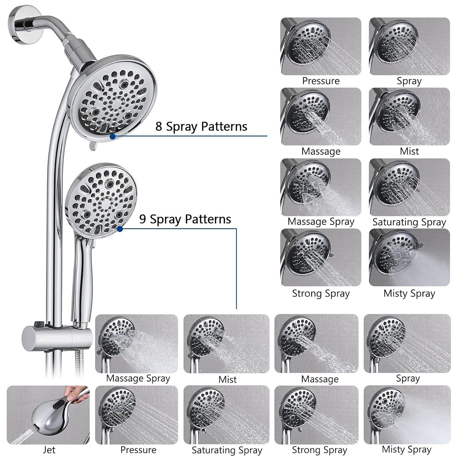 Rainfall Shower Head with Handheld Shower Spray, with 26" Drill Free Adjustable Height Slider Bar, High Pressure Dual Shower Head Combo, 3-Way Diverter for Easy Reach, 5Ft Hose - Chrome Finish