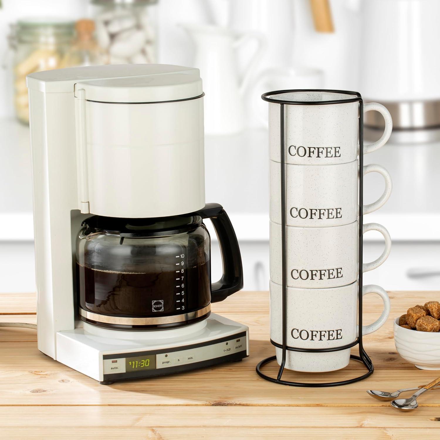 Signature Housewares Stackable Coffee Mug Tower Set with Metal Wire Rack - 15 Ounce Coffee Mugs for Coffee, Tea, Cocoa, Milk, Cappuccino, Hot Chocolate Set of 4 - White Coffee