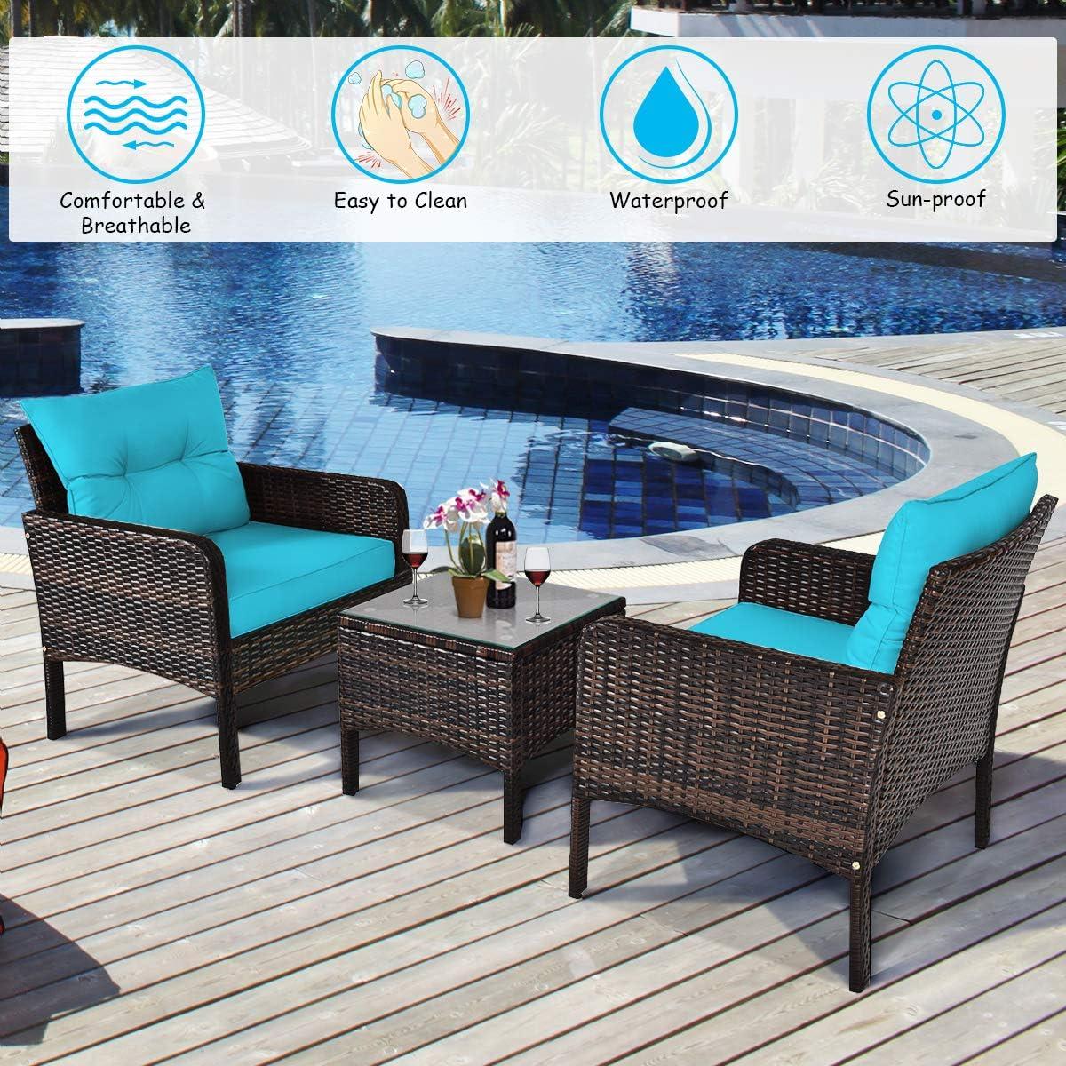 YYAo Garden Conversation Table Set, Conversation Loveseat Chairs Set, 3 Pcs Outdoor Patio Rattan Conversation Set with Seat Cushions-Turquoise