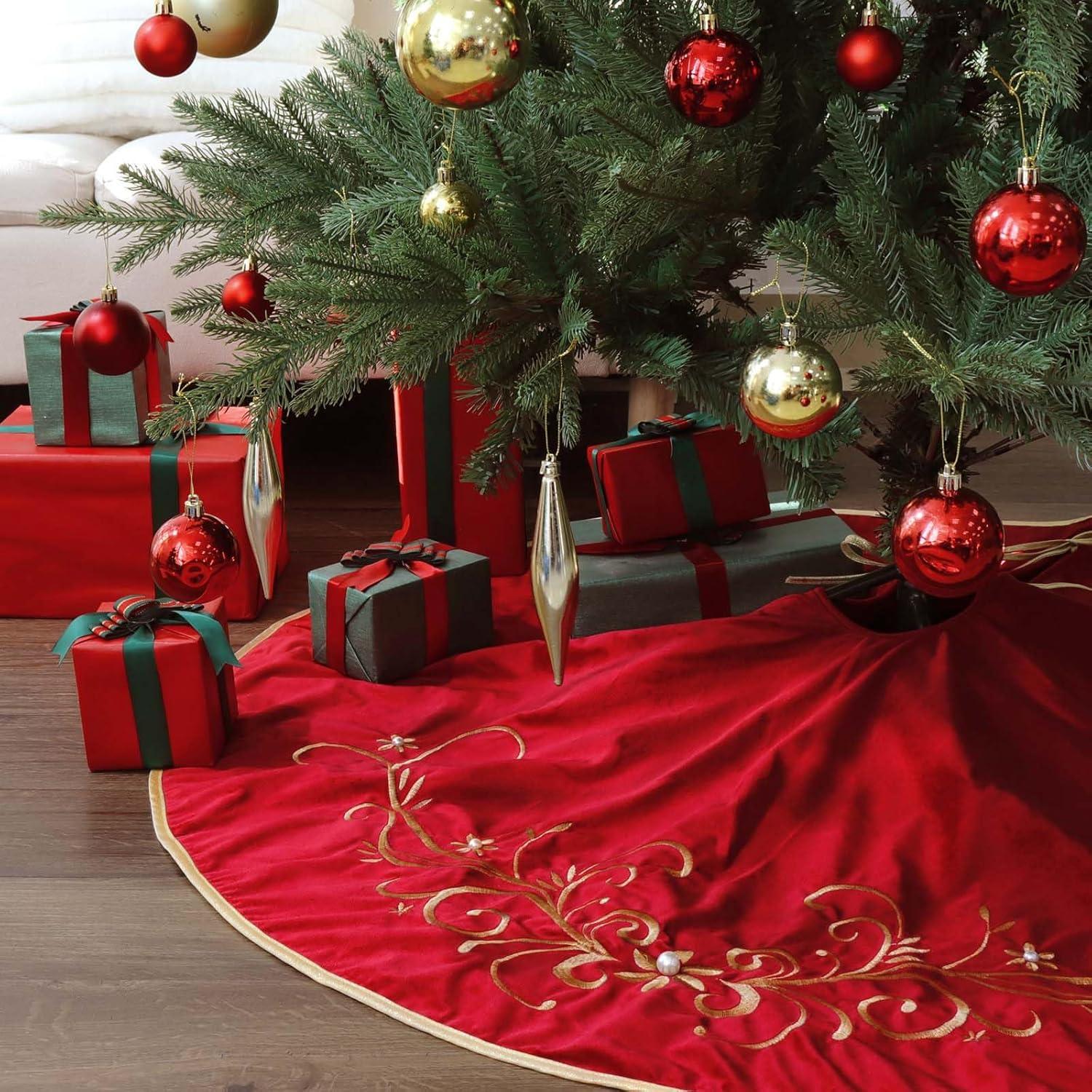 Christmas Tree Skirt, 48 inches Red Luxury Velvet Plush Fur Skirts with Gold Embroidered Holly Leaf for Rustic Xmas Tree Holiday Decorations