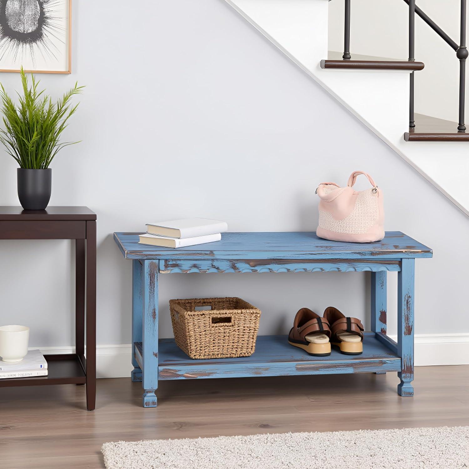 36" Bench Hardwood Blue - Alaterre Furniture: Cottage Style, Square Legs, No Back