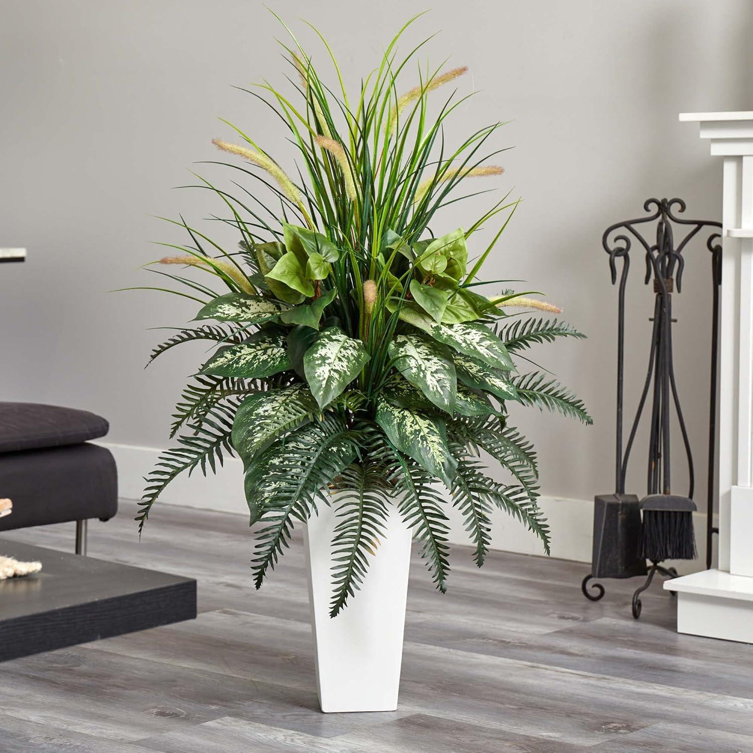 48" x 26" Artificial Mixed River Fern and Dogtail Plant in White Tower Planter - Nearly Natural: Indoor Faux Floor Plant