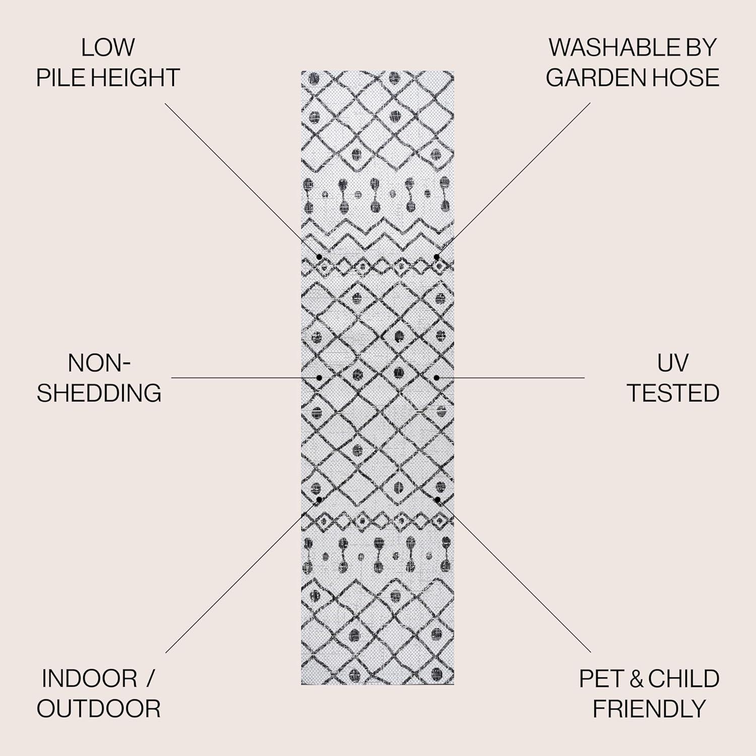 2'x10' Nokat Modern Bohemian Styled Indoor/Outdoor Runner Rug, Ivory/Black - JONATHAN Y