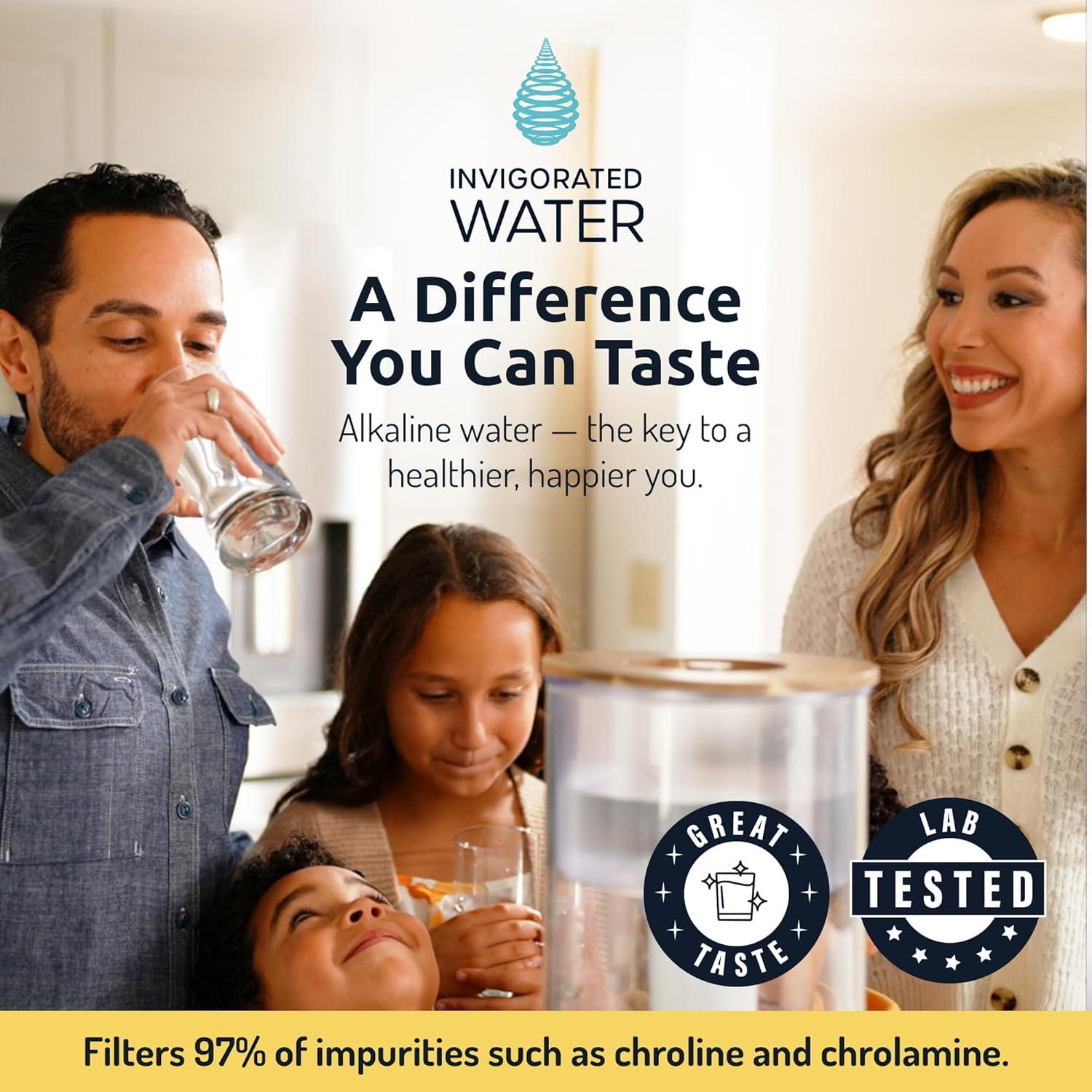 Invigorated Water pH Recharge Alkaline Water Filter Dispenser – BPA-Free Glass Countertop Water Filter Pitcher Purifier for Home & Office, 36-Cup Capacity, 360L Long Filter Life (Bamboo/Marble)