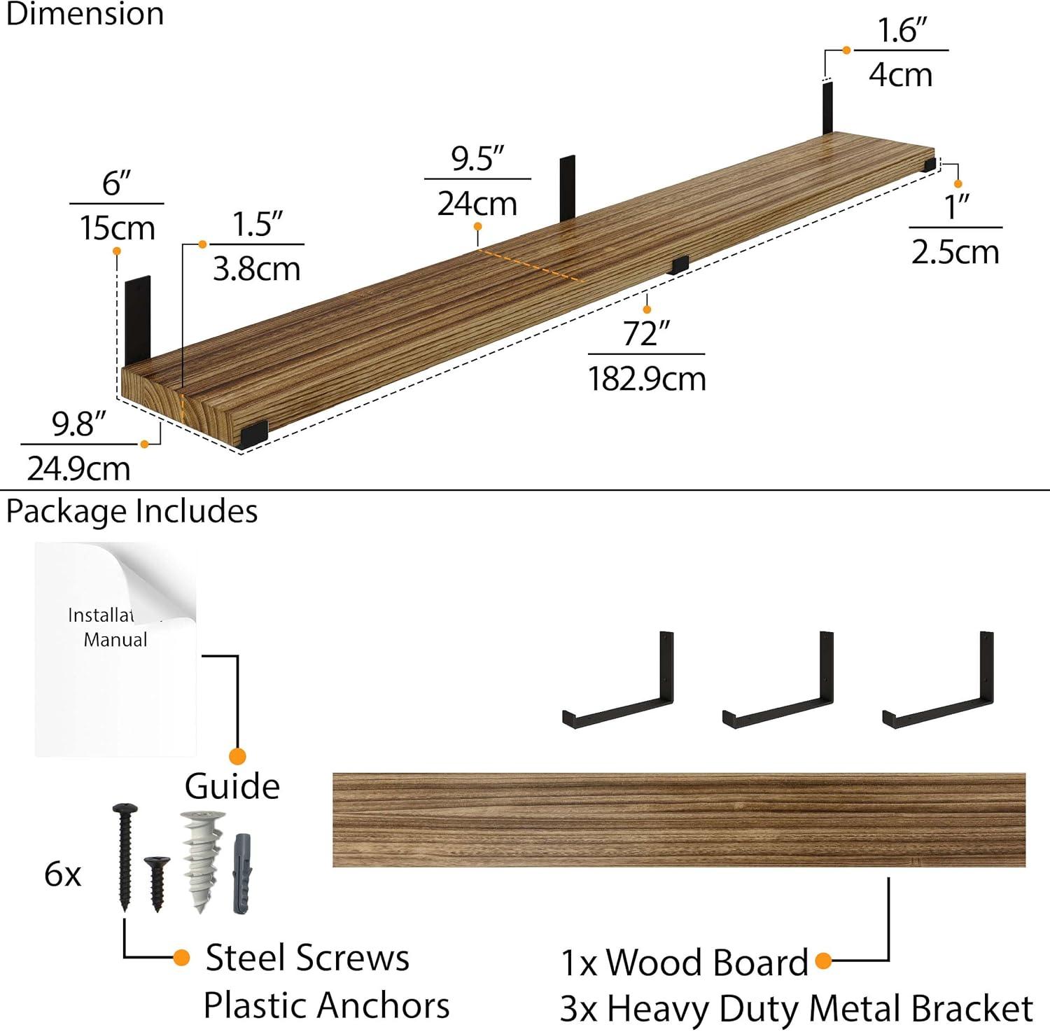 Forte 72'' Burnt Wood Floating Wall Shelf with Black Brackets