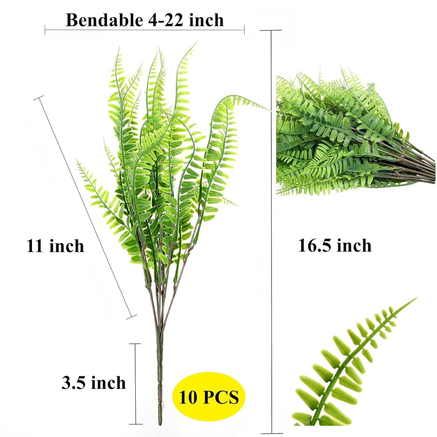 Boston Ferns Artificial Greenery Faux Plants Real-Touch Bush Plastic Leaves Shrubs - 10pcs Bulk (Light Green)