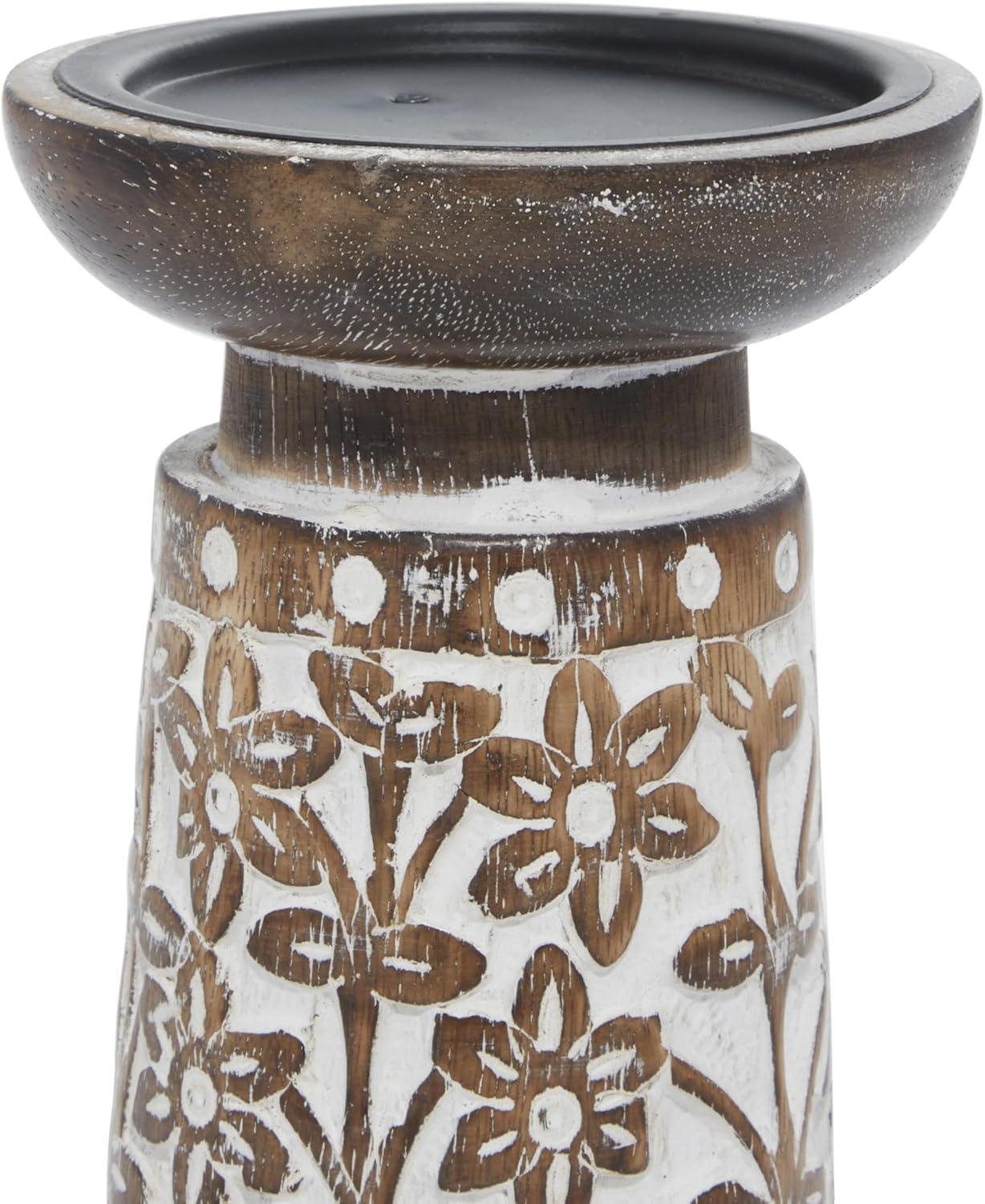 DecMode 3 Candle Brown Mango Wood Handmade Floral Carved Pillar Candle Holder with Cream Accents, Set of 3