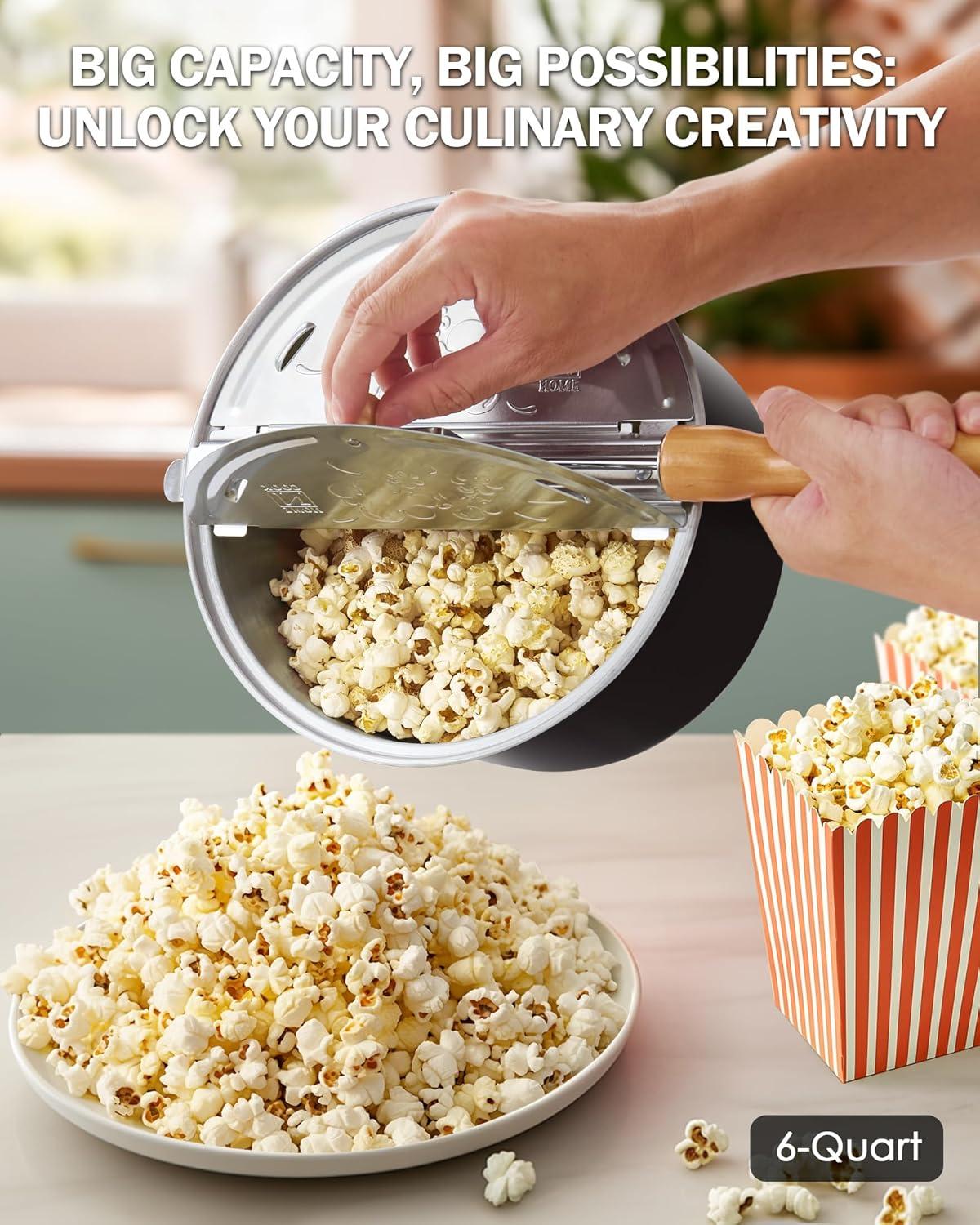 Cook N Home Stovetop Popcorn Popper with Crank, 6-Quart Aluminum Popcorn Pot Popcorn Maker, Black