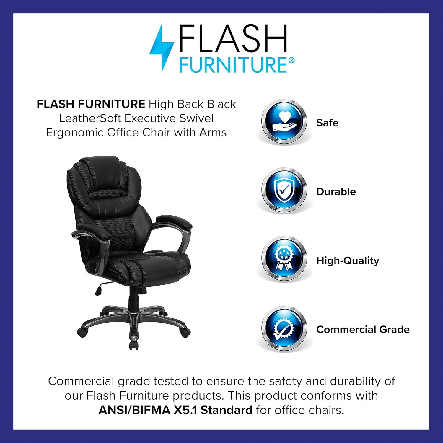 Flash Furniture High Back Black LeatherSoft Executive Swivel Ergonomic Office Chair with Arms